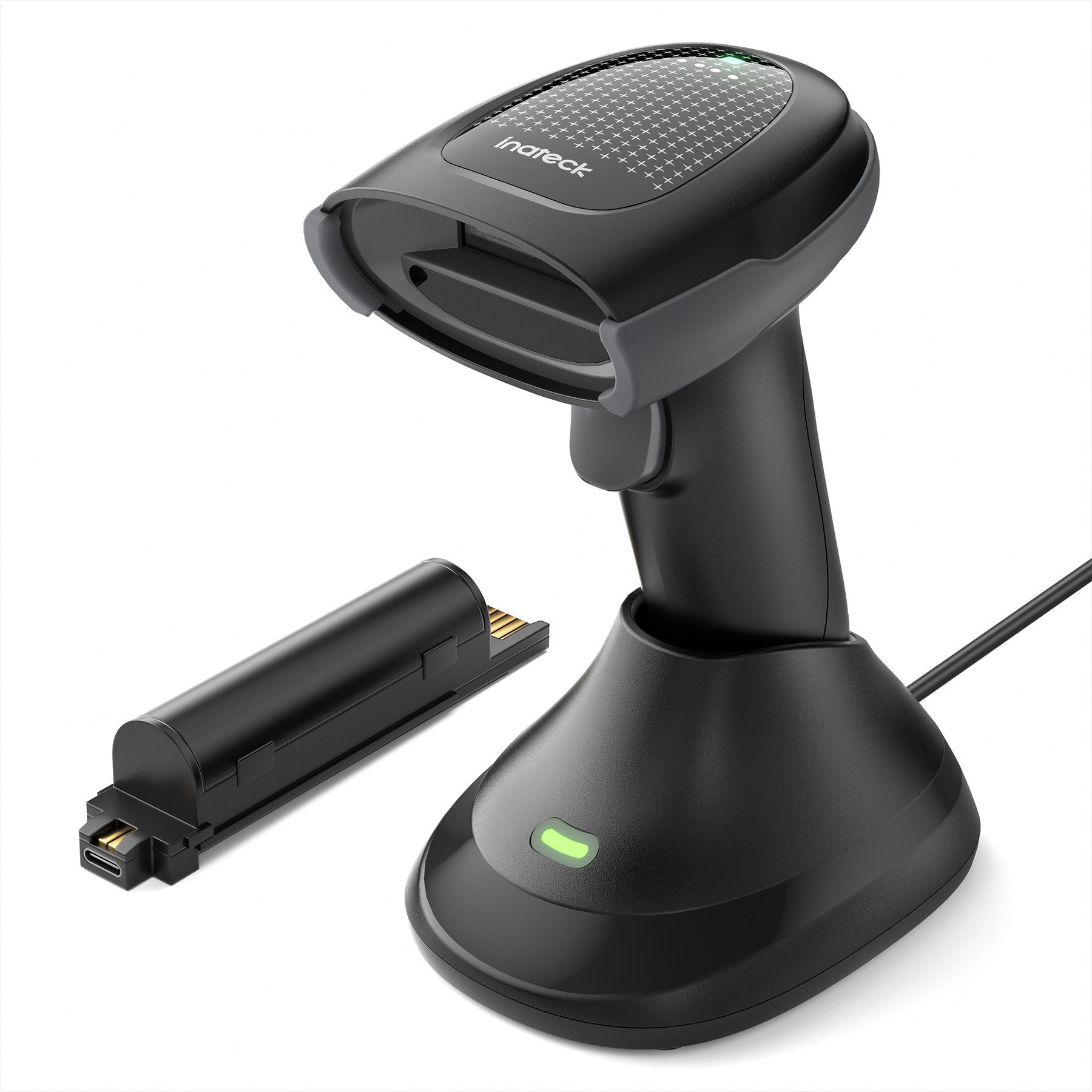 Inateck Barcode Scanner Kabellos 2D QR Code mit 2 Austauschbaren 2000mAh Akkus Handscanner, (mit Ladestation, mit Bluetooth und Kabel USB, Smart-Power-Anzeige)