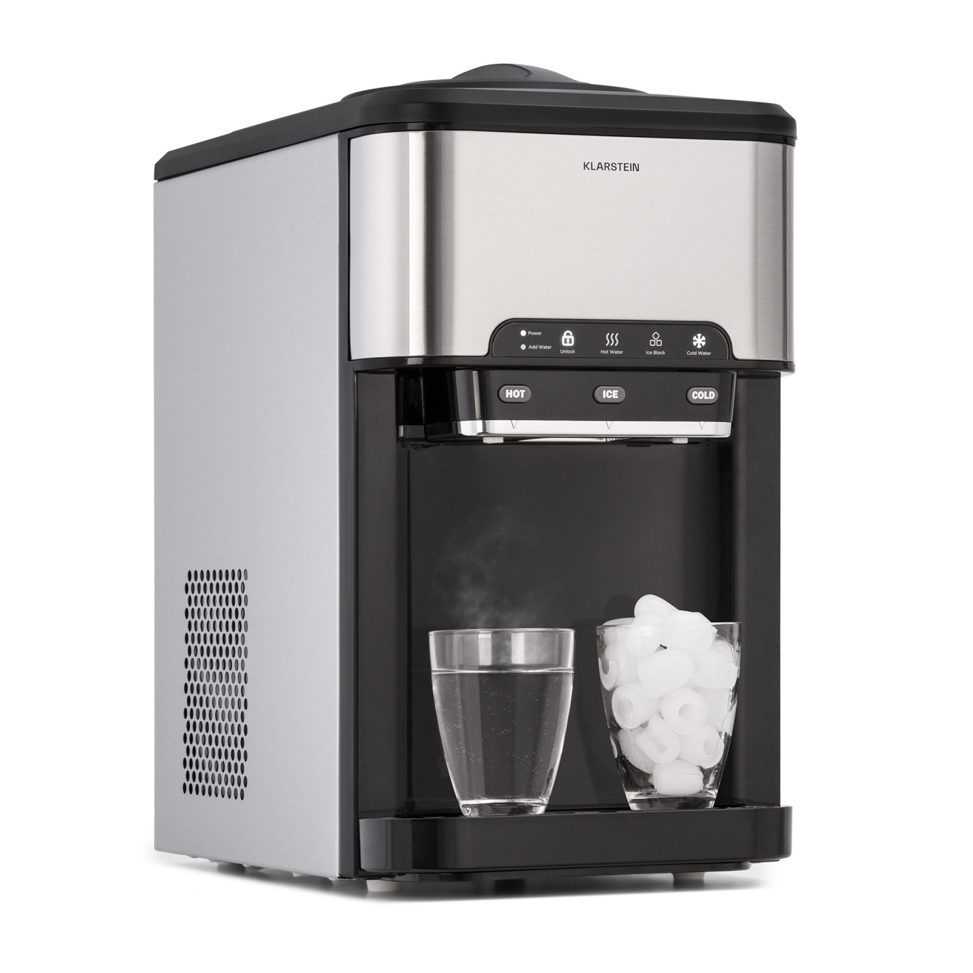 Klarstein Eiswürfelmaschine Aqueous Eiswürfelmaschine 3-in-1 20 kg/24h Eis+Eiswasser+Heißwasser 3L, Eiswürfelbereiter Ice Cube Maker mit Wasserspender & Eisschaufel