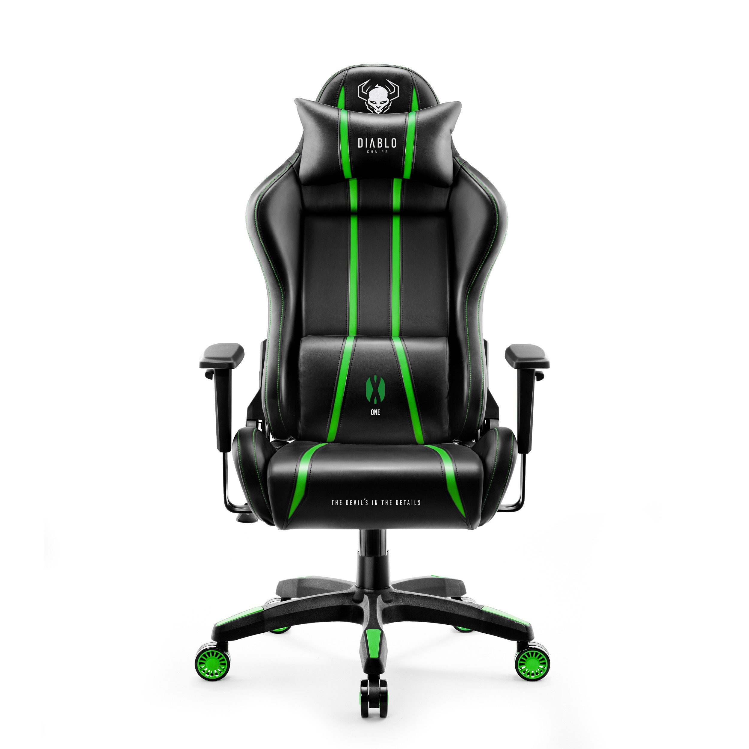 DIABLO CHAIRS Gaming-Stuhl X-One 2.0 HDS Ökoleder ergonomisch TiltTech Armlehnen Kopfstütze (Klasse-4-Gasfeder, Gummiräder bodenschonend, Kids S Normal L King XL), Lendenkissen Wippfunktion Metallbasis 3 Größen