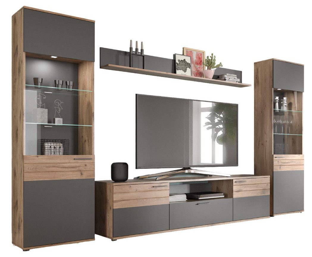 Newroom Wohnwand Lupus, Wohnwand Basalt Grau Eiche Schrankwand Anbauwand Industrial Modern ...