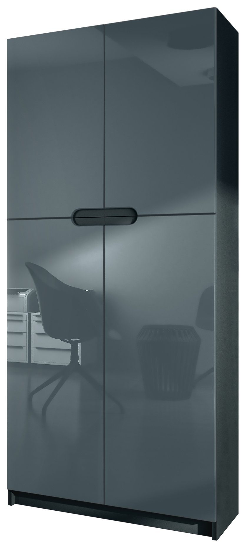 Vladon Aktenschrank Logan (Aktenschrank, mit 5 Fächern und 4 Türen) Schwarz matt/Grau Hochglanz (82 x 185 x 37 cm) Fronten in Grau Hochglanz