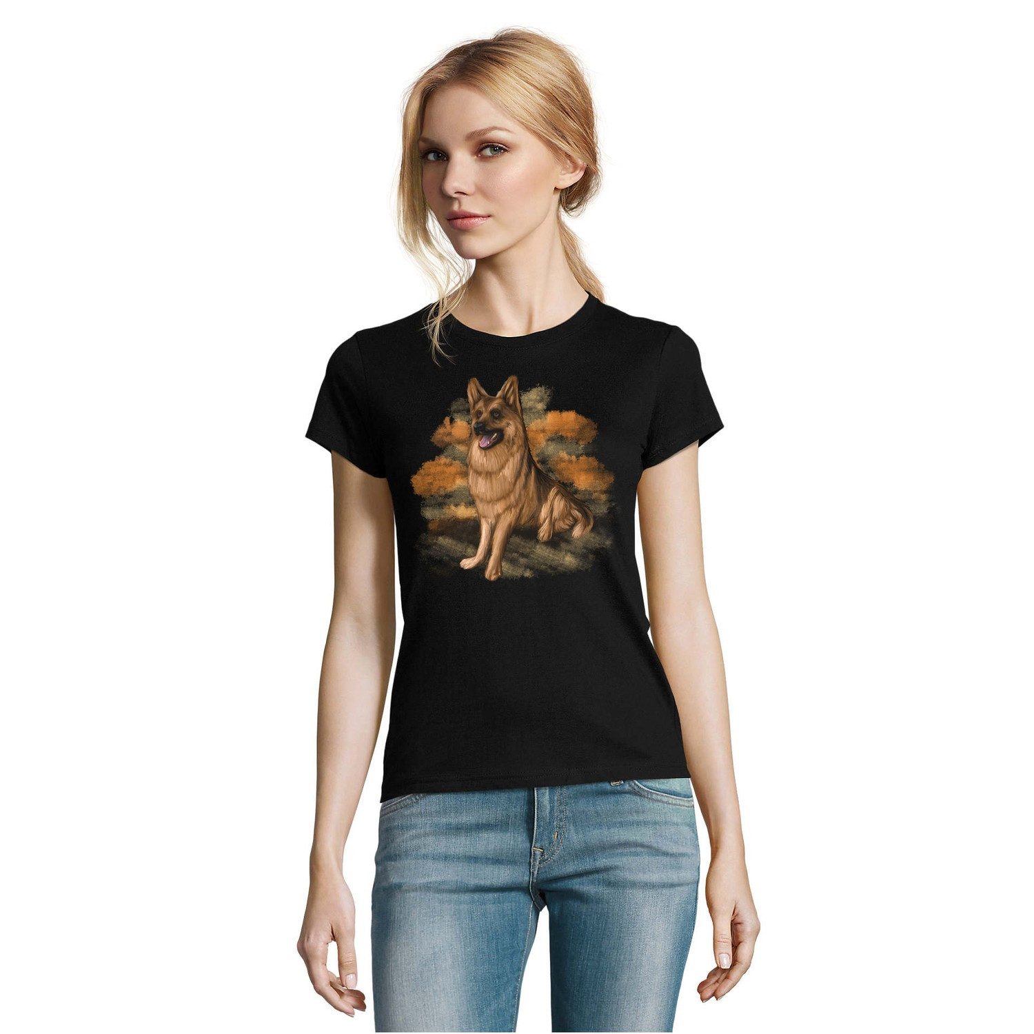 Blondie & Brownie T-Shirt Damen T-Shirt Deutscher Schäferhund Print Hundeliebhaber Rundhals (Einzelstück, Einzelartikel) Deutscher Schäferhund Hunde Shirt