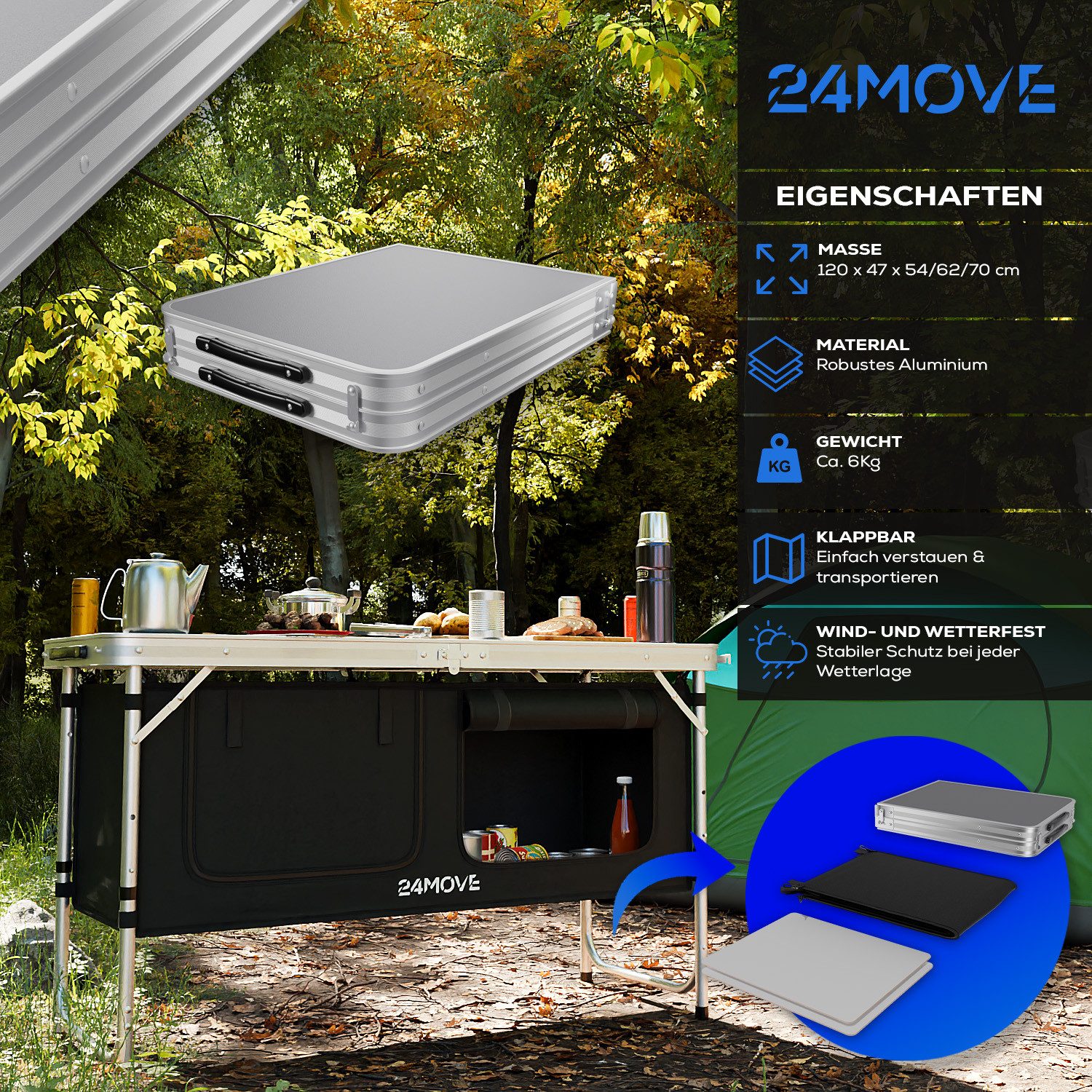 24Move Campingschrank Campingküche PRAIA Outdoorküche Alu (faltbar, höhenverstellbar, tragbar) mit Arbeitsplatte und Staufächern