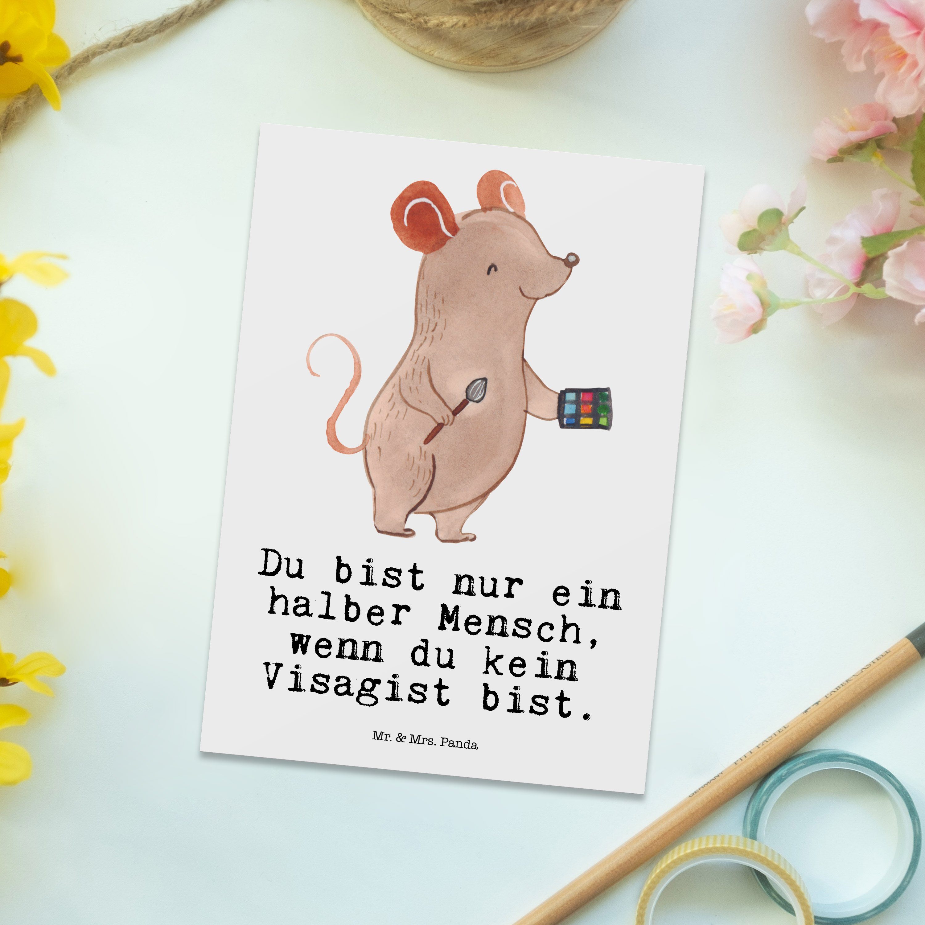 mit Herz Panda Mrs. Geburtstagskarte, Mr. Postkarte Kosmetikstudio - Weiß & Geschenk, - Visagist