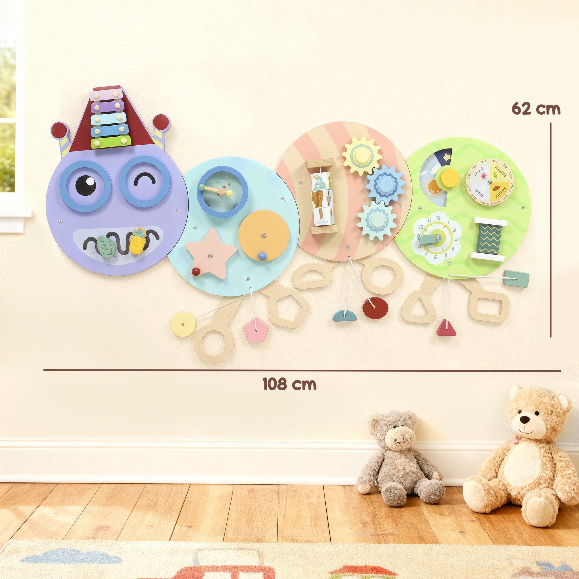 AIYAPLAY Lernspielzeug Busy Board Activity Board Lernaktivitätszentrum Geschenk ab 3 J. (Wandspielzeug, 1-St., Montessori Lernspielzeug), Raupen-Design, Mehrfar – Bild 3 von 5