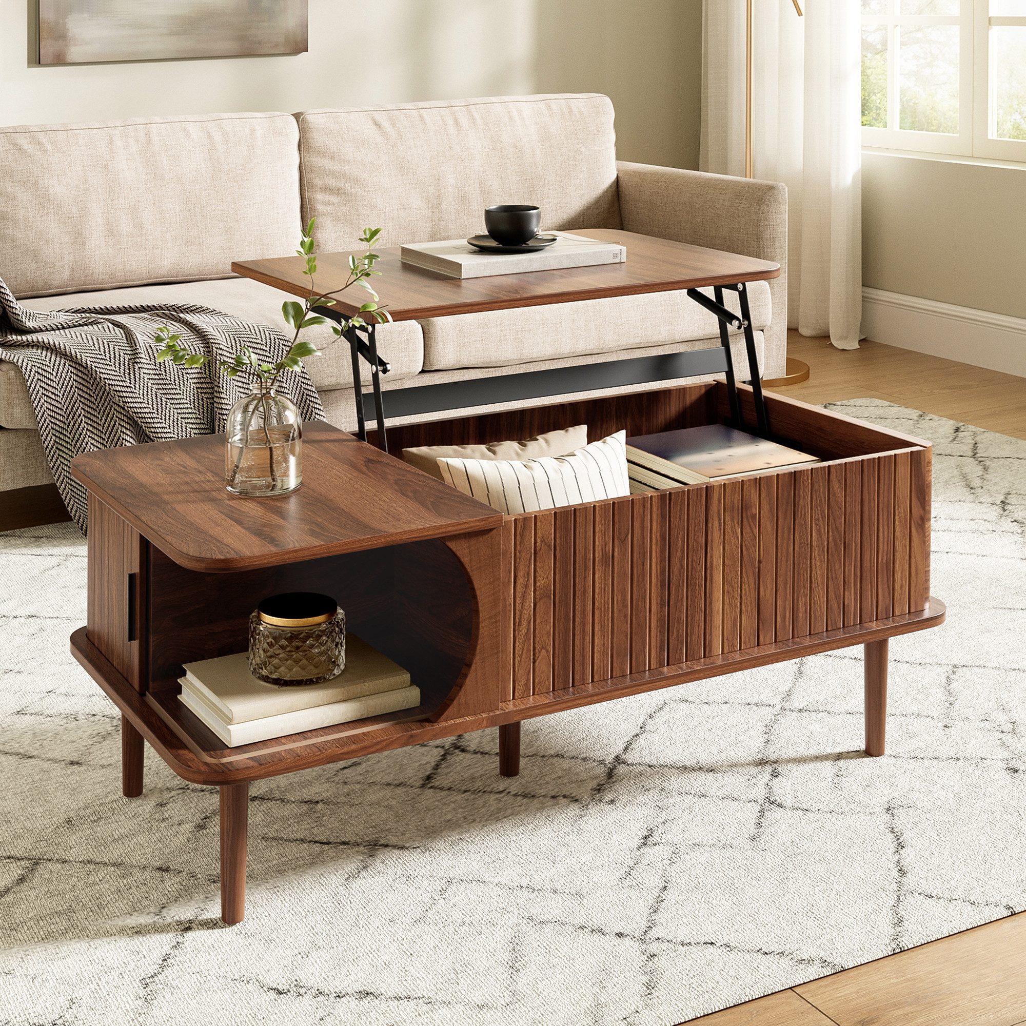 Merax Couchtisch höhenverstellbar Sofatisch Walnuss Retro Beistelltisch (100 x 48 x 55,5 cm, 1-St), Wohnzimmertisch mit Schiebetür, Holzbeinen & Stauraum