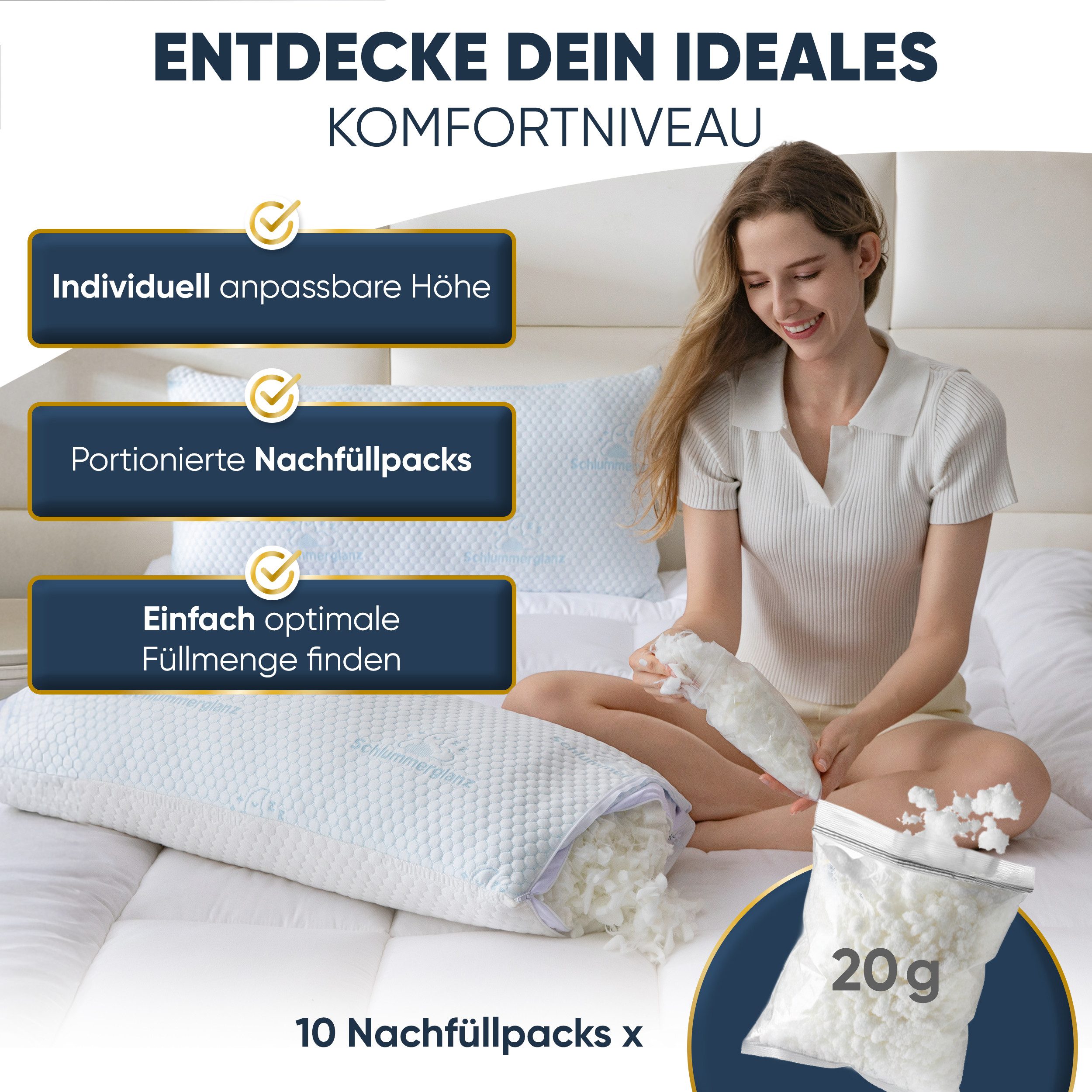 Schlummerglanz Kopfkissen Memory Foam Nackenkissen - Kopfkissen 40x80 höhenverstellbar, Füllung: Memory Foam, Memory-Schaum, höhenverstellbar, portionierte Nachfüllpacks