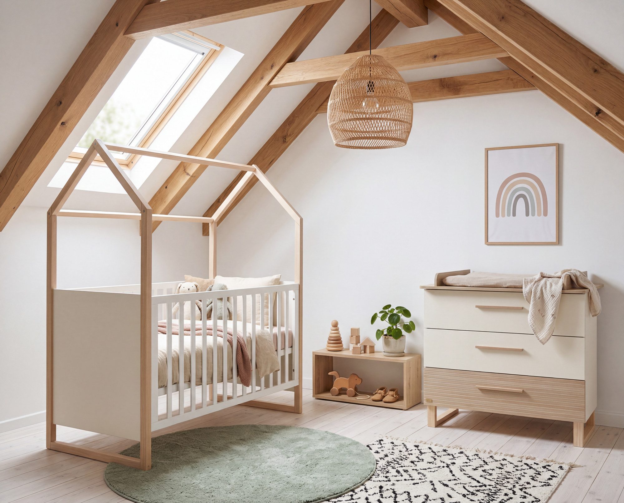 roba® Babymöbel-Set Noah - moderney Kinderzimmer Set mit eleganten Füßen - aus Holz, (2-teiliges Set, Baby- & Beistellbett 60 x 120 cm Liegefläche, Wickelkommode), Füße und Griffe aus Massivholz - Scandi Design - Weiß / Walnuss
