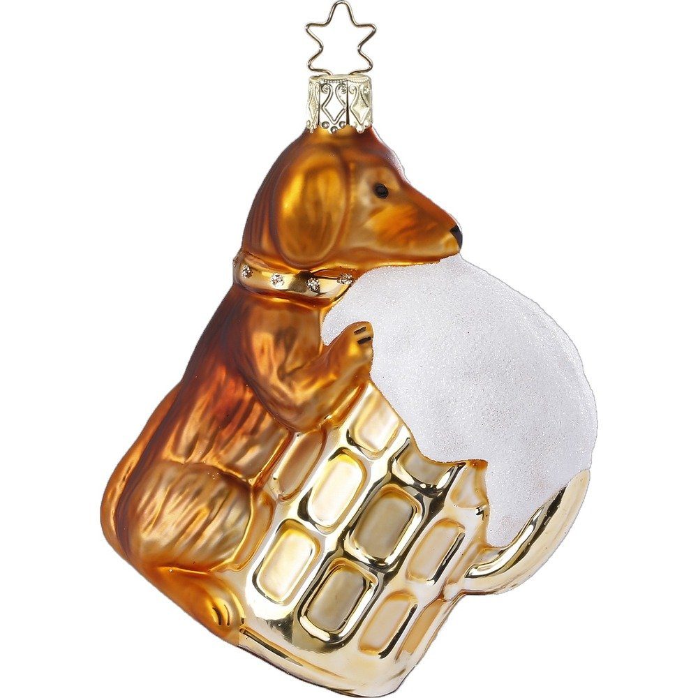 Christbaumschmuck 9,5cm Christbaumschmuck, Dackel Anhänger Bier Braun Glas mit Gold INGE-GLAS®