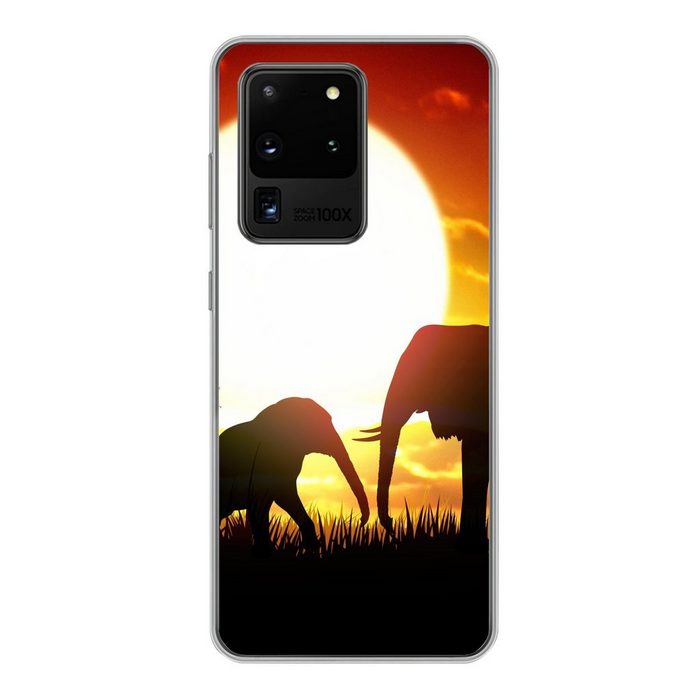 MuchoWow Handyhülle Eine Illustration von Elefanten bei Sonnenuntergang Phone Case Handyhülle Samsung Galaxy S20 Ultra Silikon Schutzhülle