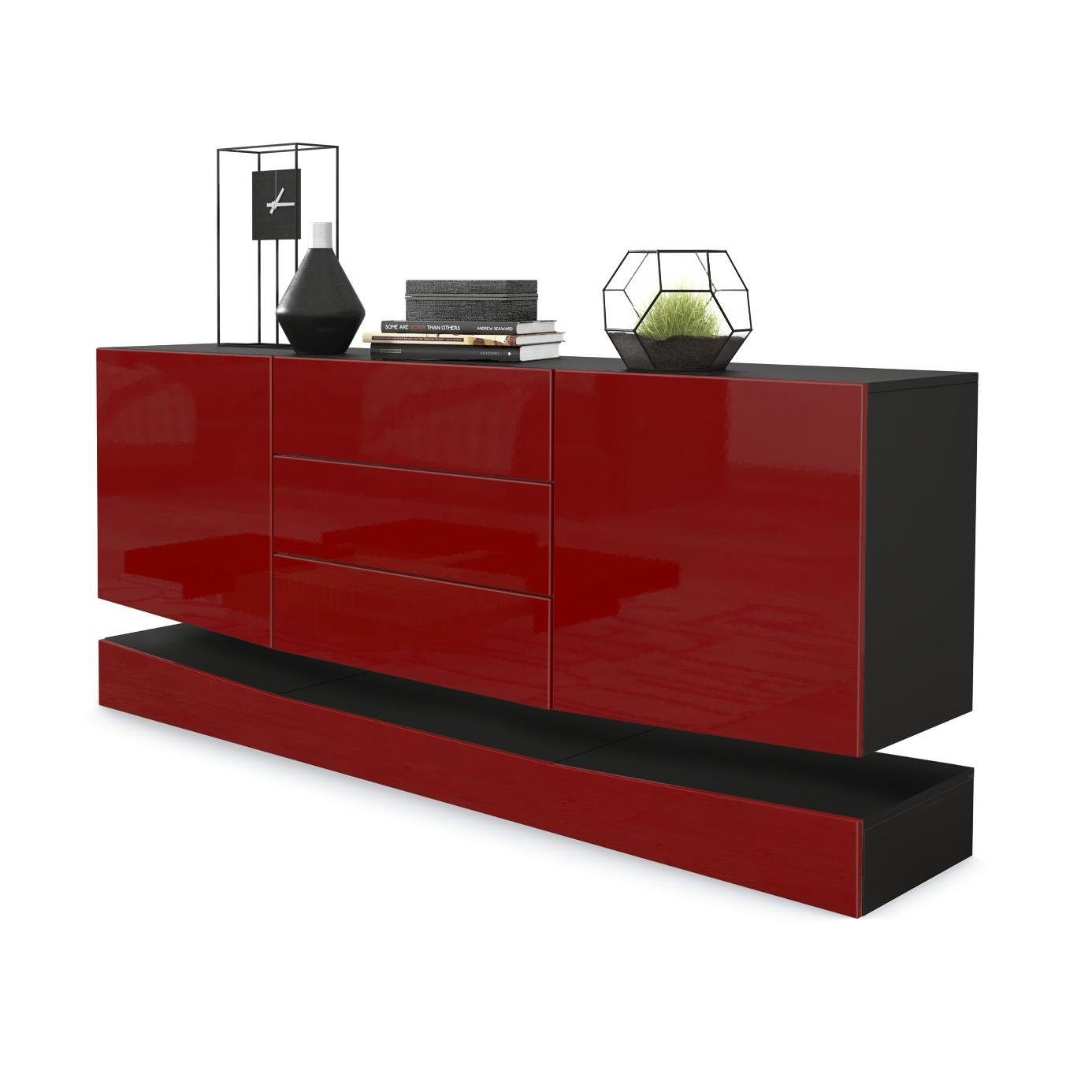 Vladon Sideboard City (Kommode, mit 2 Türen und 3 Schubladen), Schwarz matt/Bordeaux Hochglanz (178 x 72 x 38 cm)