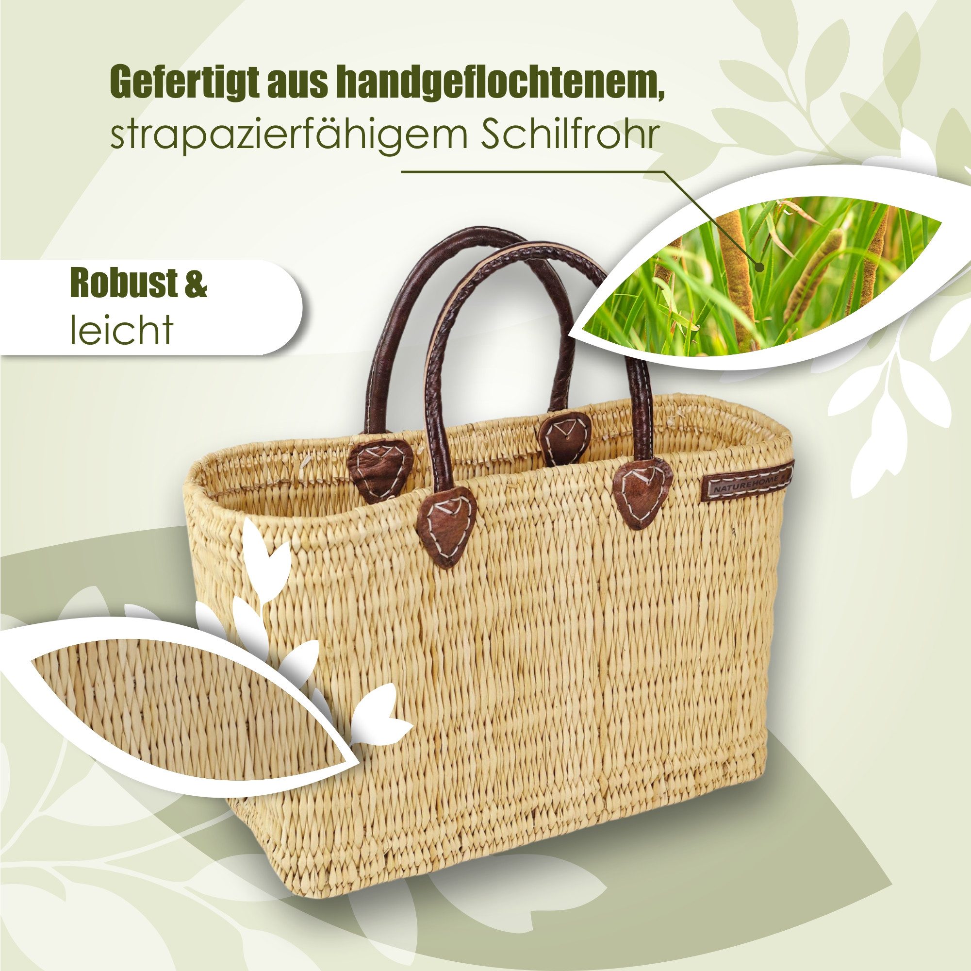 NATUREHOME Einkaufsshopper Tasche M Schilfrohr Shopper mittelgroß, Handarbeit, Echtes Schilfrohr, Nachhaltig