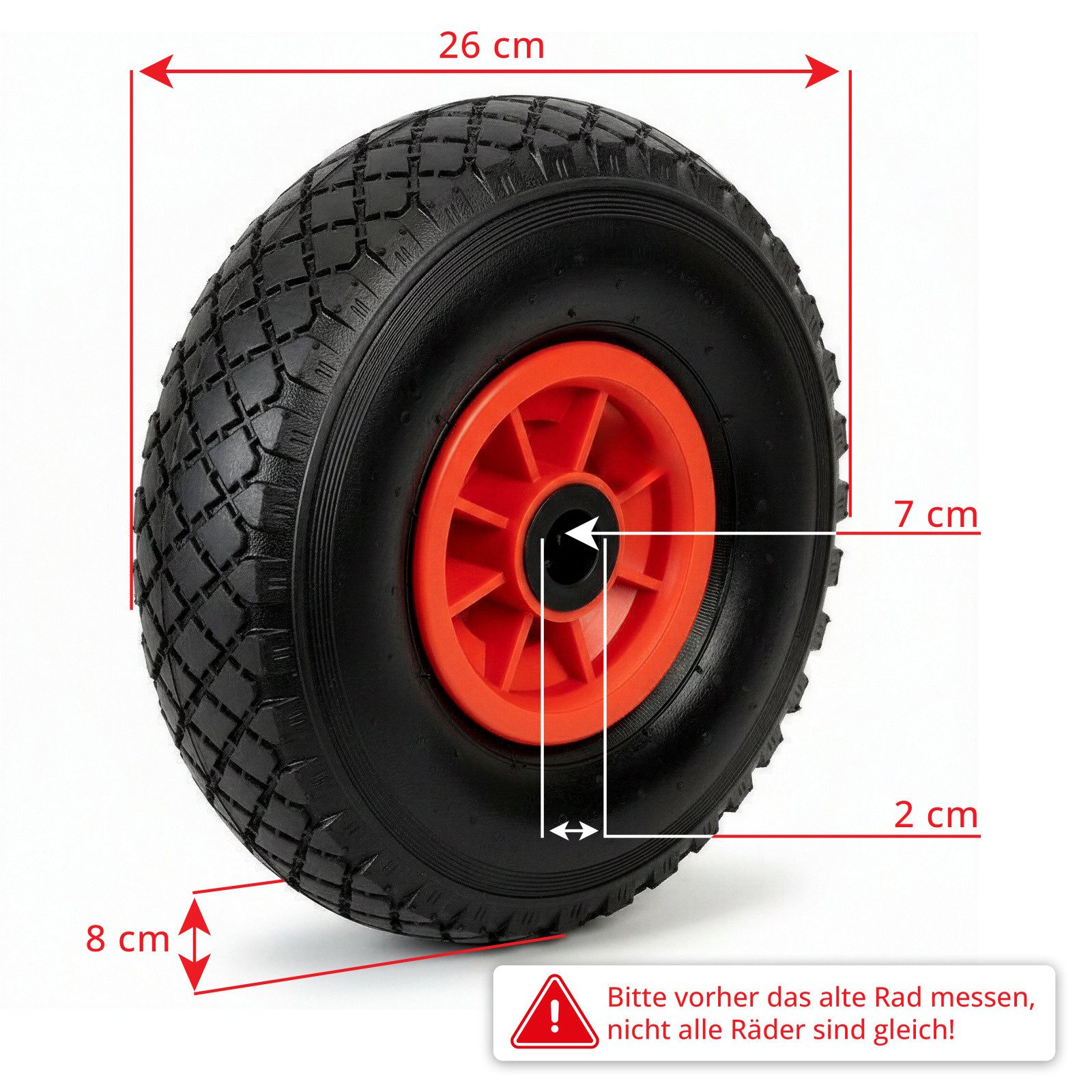 Grafner Ersatzrad Grafner® 2x Sackkarrenrad Bollerwagenrad 3.00-4 PU Vollgummibereifung, Gesamt Duchmesser: 26 cm, Reifenbreite: 8 cm, Nabenlänge: 7 cm – Bild 2 von 5