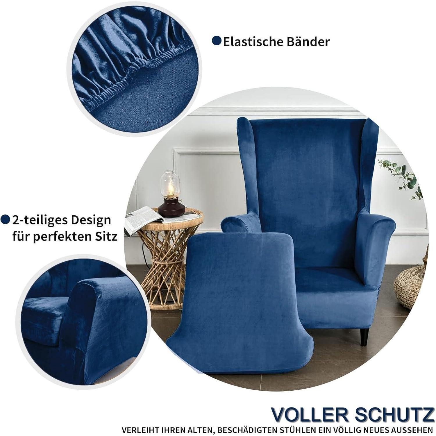 LuxusKollektion Hussen-Set Ohrensessel Überzug Ottomane Stretch Samt Armlehne Marineblau 3 Teilig – Bild 3 von 5