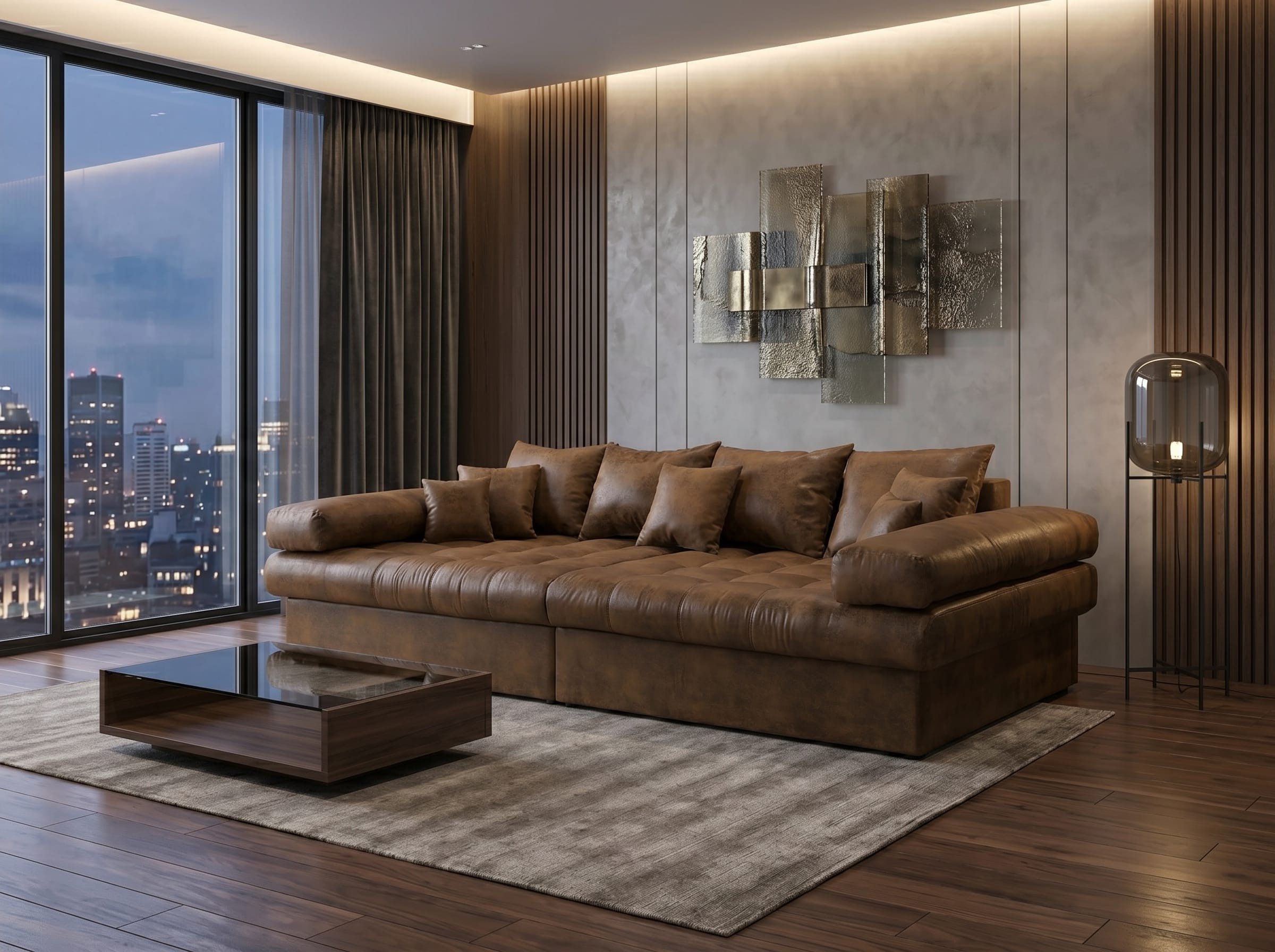 Xlmoebel Big-Sofa Luxuriöses braunes Kunstleder-Sofa für 5 Personen im Wohnzimmer, 1 Teile, Made in Europa
