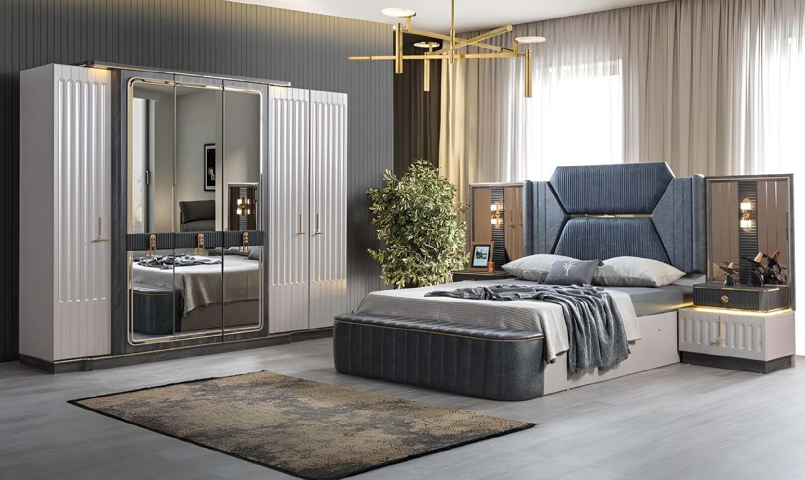 JVmoebel Schlafzimmer-Set Design Schlafzimmer Set Bett 2x Nachttische Kleiderschrank Neu, (4-St., Bett + 2x Nachttische + Kleiderschrank), Made in Europe