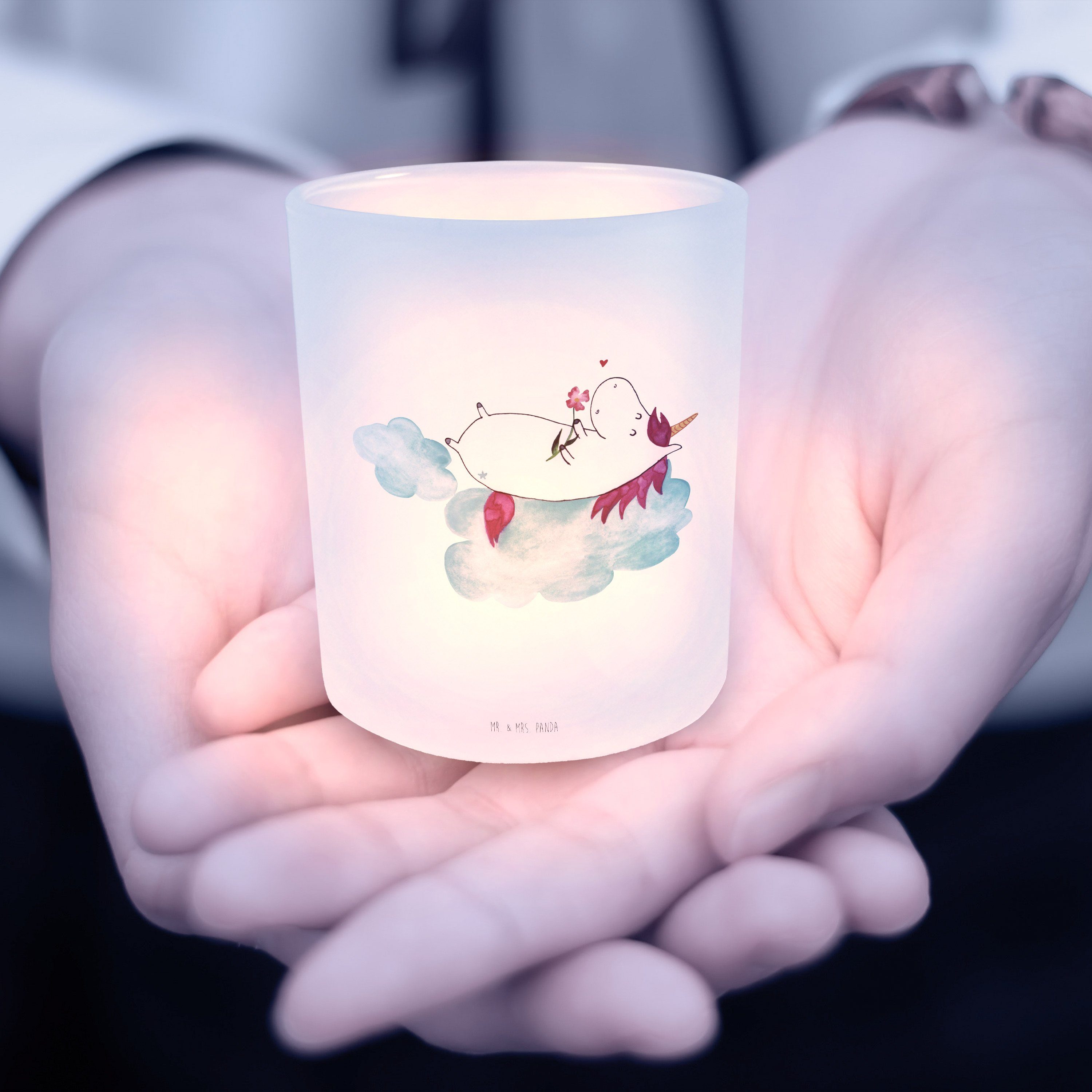 Mr. & Mrs. Panda Windlicht Einhorn verliebt auf Wolke - Transparent - Geschenk, Liebe, Einhörner (1 St)