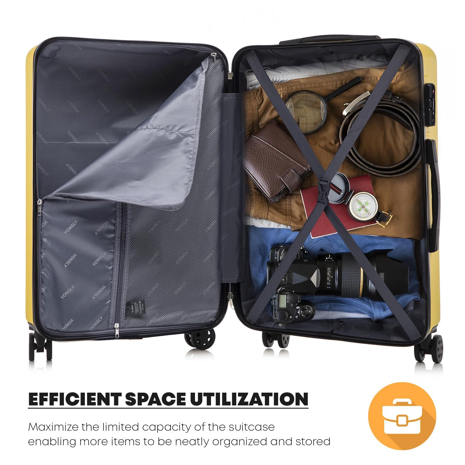 YONSLY Handgepäck-Trolley Premium Reisekoffer Hartschalen-Trolley Rollkoffer ABS in M–XL, 4 Rollen, TSA-Schloss, YKK-Reißverschluss, austauschbare Rollen und Griffe