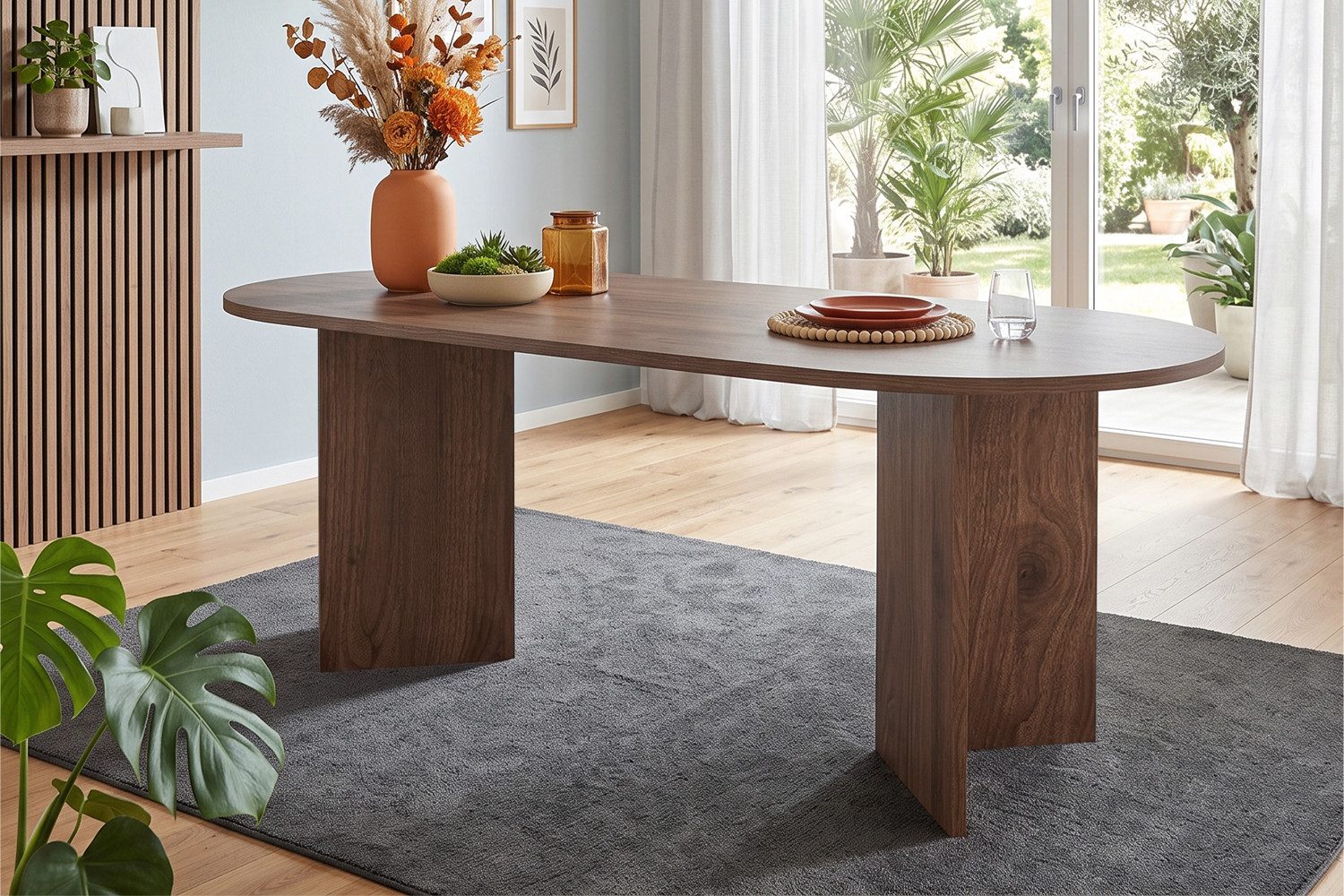 Flieks Esstisch ovaler Küchentisch in Landhausstil (B160xT80xH75 cm, 1-St., 1 Tisch), Esszimmertisch Schreibtisch Bürotisch Holzoptik Walnussholzfarbe