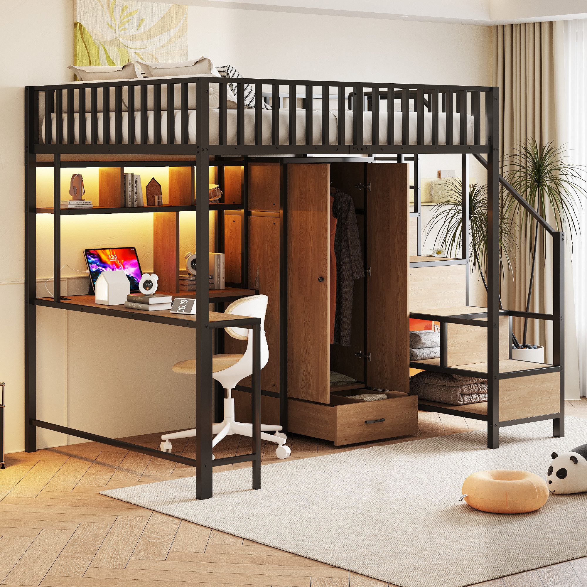 Hochbett mit Schreibtisch, Kleiderschrank, Regalen und Schubladen
