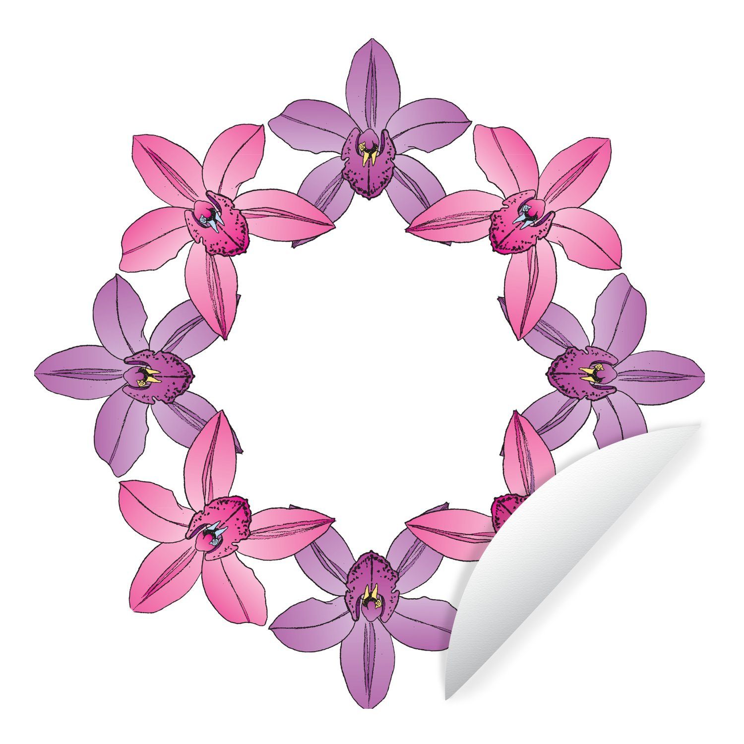 MuchoWow Wandsticker Eine Vektor-Illustration von einem Kranz von lila und rosa Orchideen (1 St), Tapetenkreis für Kinderzimmer, Tapetenaufkleber, Rund, Wohnzimmer