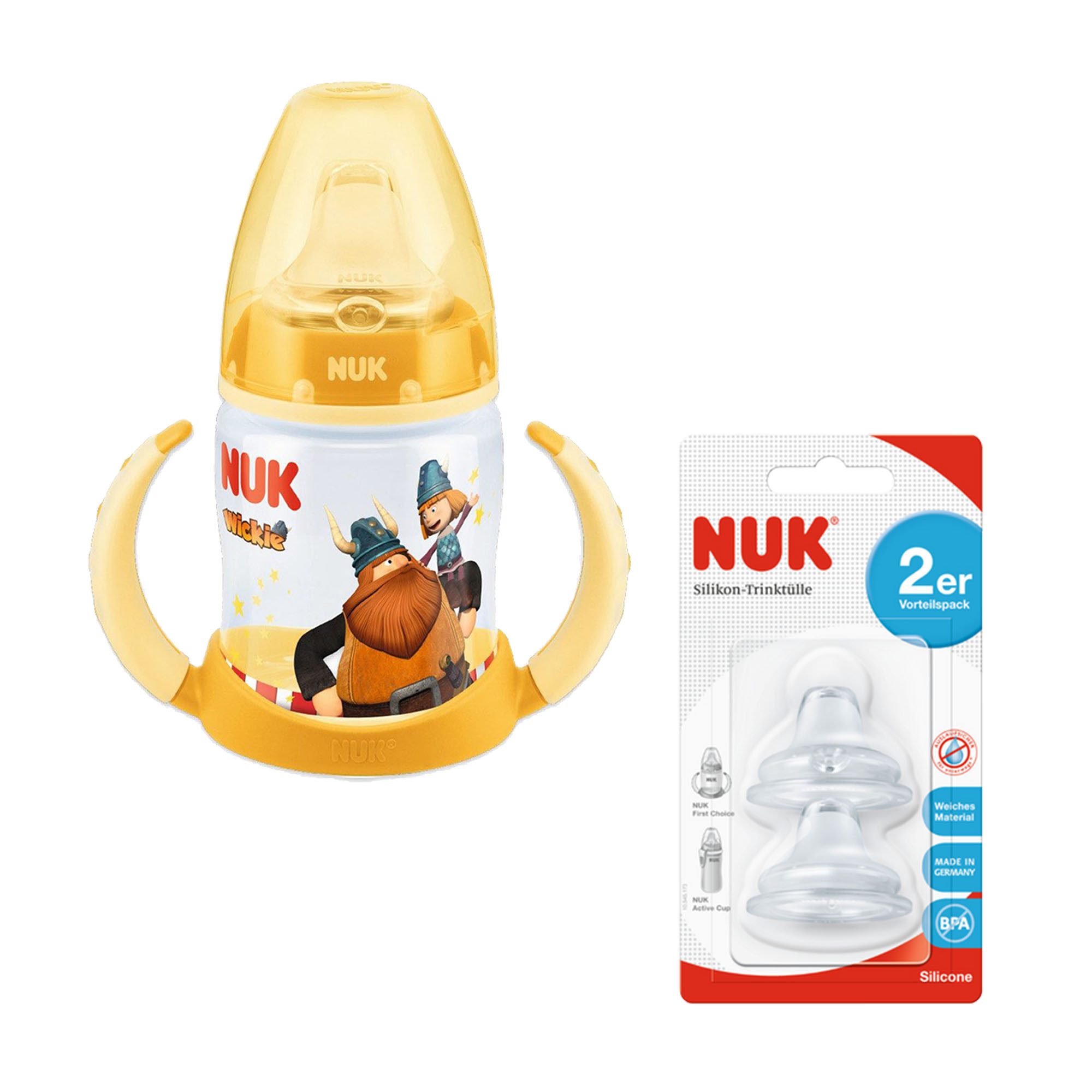 Babyflasche NUK Trinklernflasche/Becher mit 2er Trinktülle aus Silikon set
