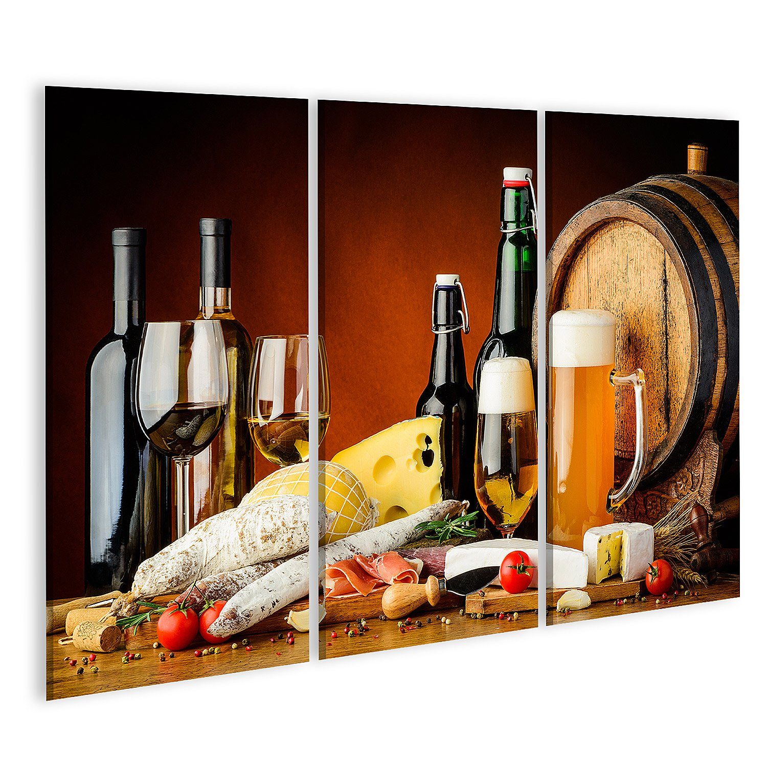 Leinwandbild Bild auf Leinwand Wein Bier Essen Stillleben Traditionelle Käsewürstch