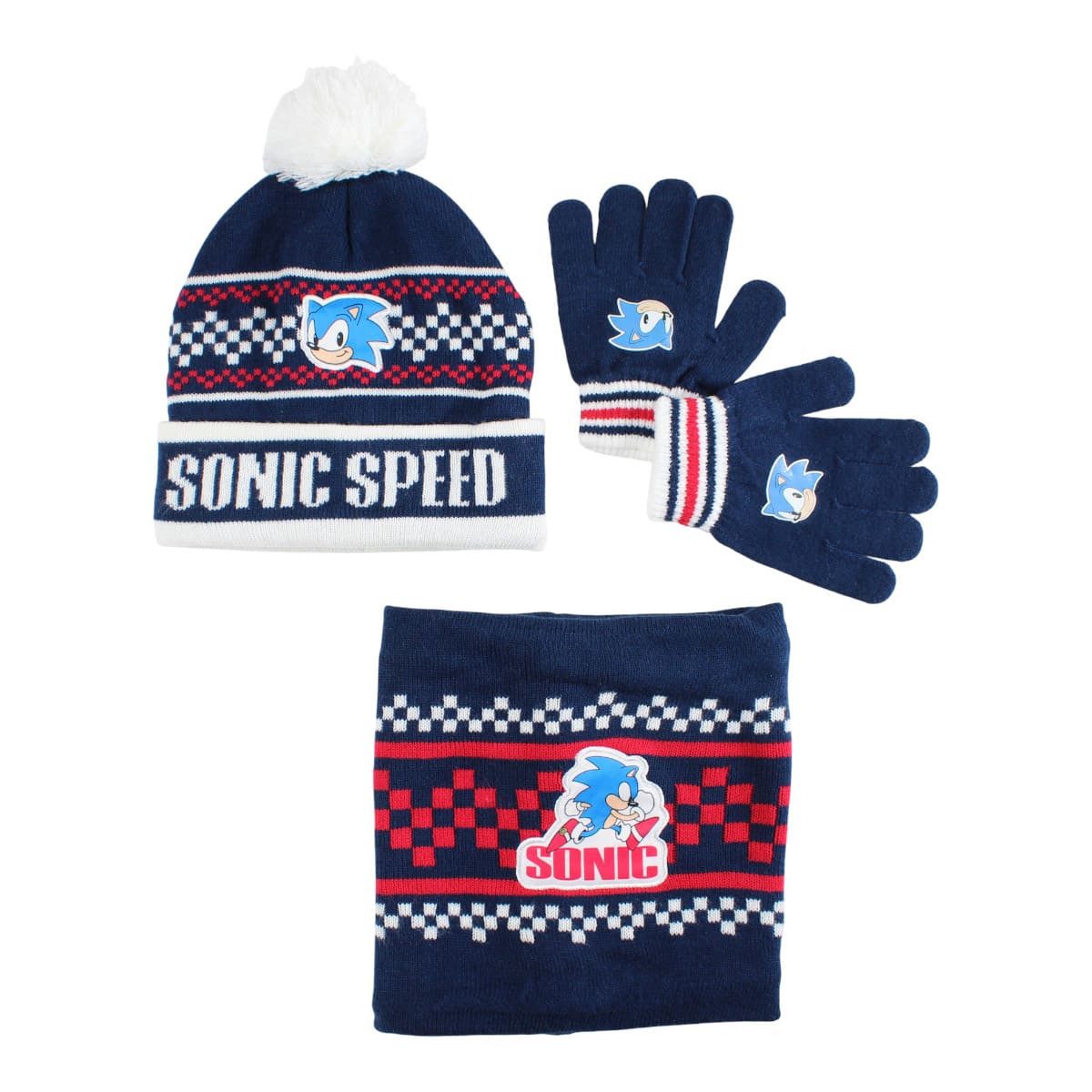 Sonic The Hedgehog Bommelmütze Sonic Set Kinder Herbst 3tlg Set Wintermütze Snood Handschuhe (3-St) Gr. 53/54