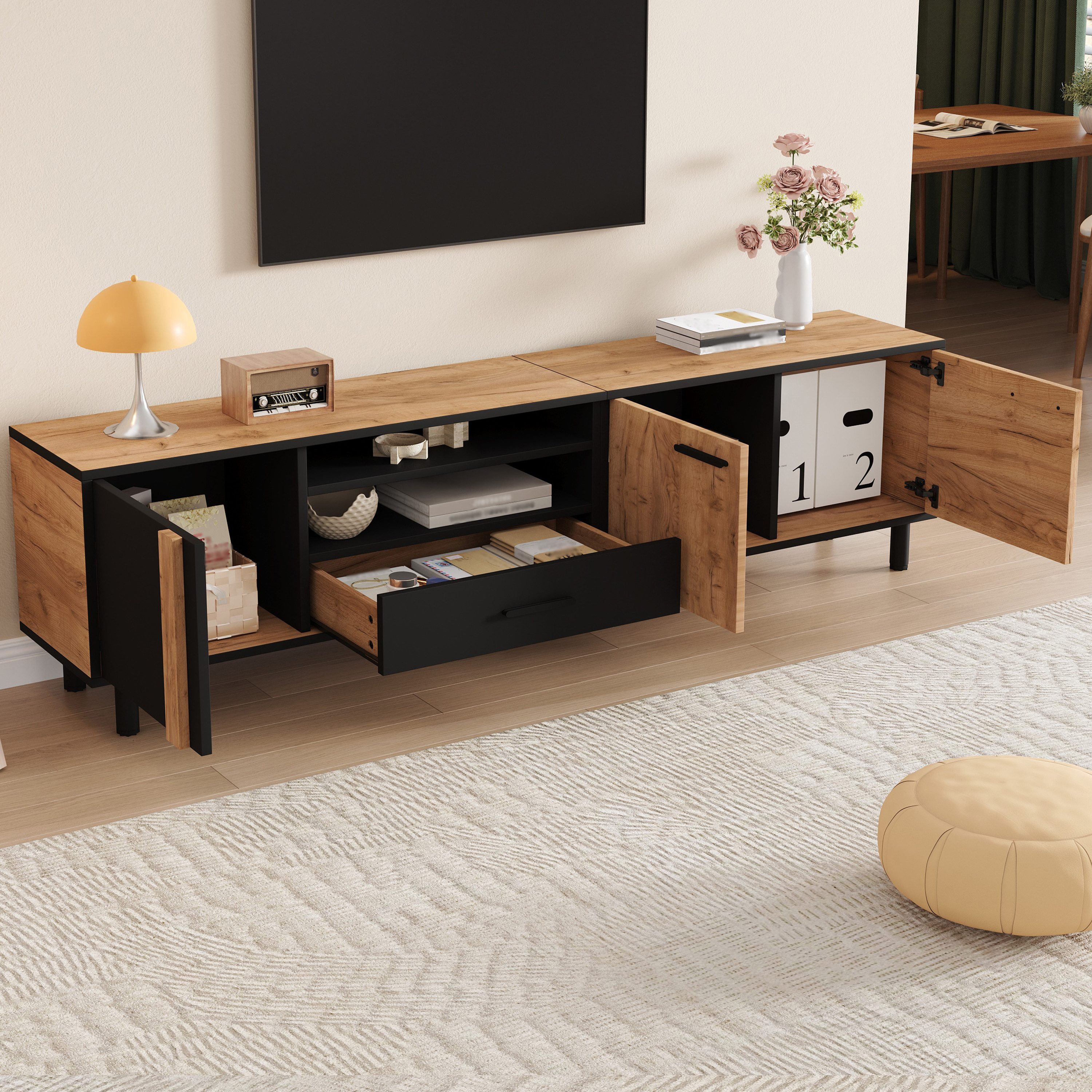 KLAM HOME Lowboard TV-Schrank mit 3 Schränken 1 Schublade 5 Stützbeinen (Holzoptik Schwarz Stauraum Wohnzimmer TV-Ständer), Lowboard TV-Konsole 180x32,5x50cm bi – Bild 5 von 5