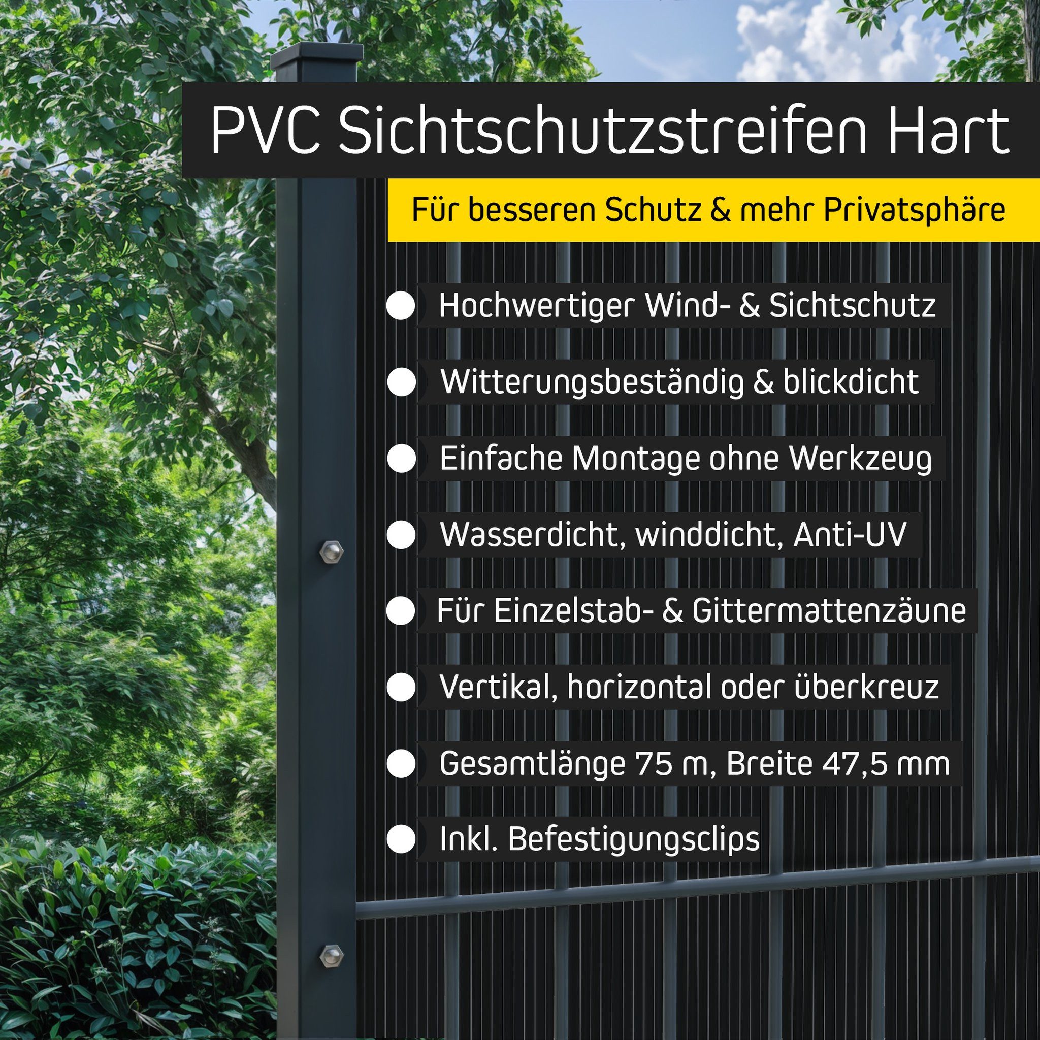 paramondo Sichtschutzstreifen PVC-Vertikal Sichtschutzstreifen Hart, 4,75 cm x 75 m, anthrazit, (Packung, 1-St., Inkl. Befestigungsclips), langlebig, witterungsbeständig, pflegeleicht