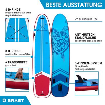 BRAST SUP-Board Family, Aufblasbares Stand up Paddle Set XXL, 370x87x15cm bis 210kg, inkl. Zubehör 2X Kajak-Sitz 2X Fußschlaufe, 2X Paddel Pumpe Rucksack