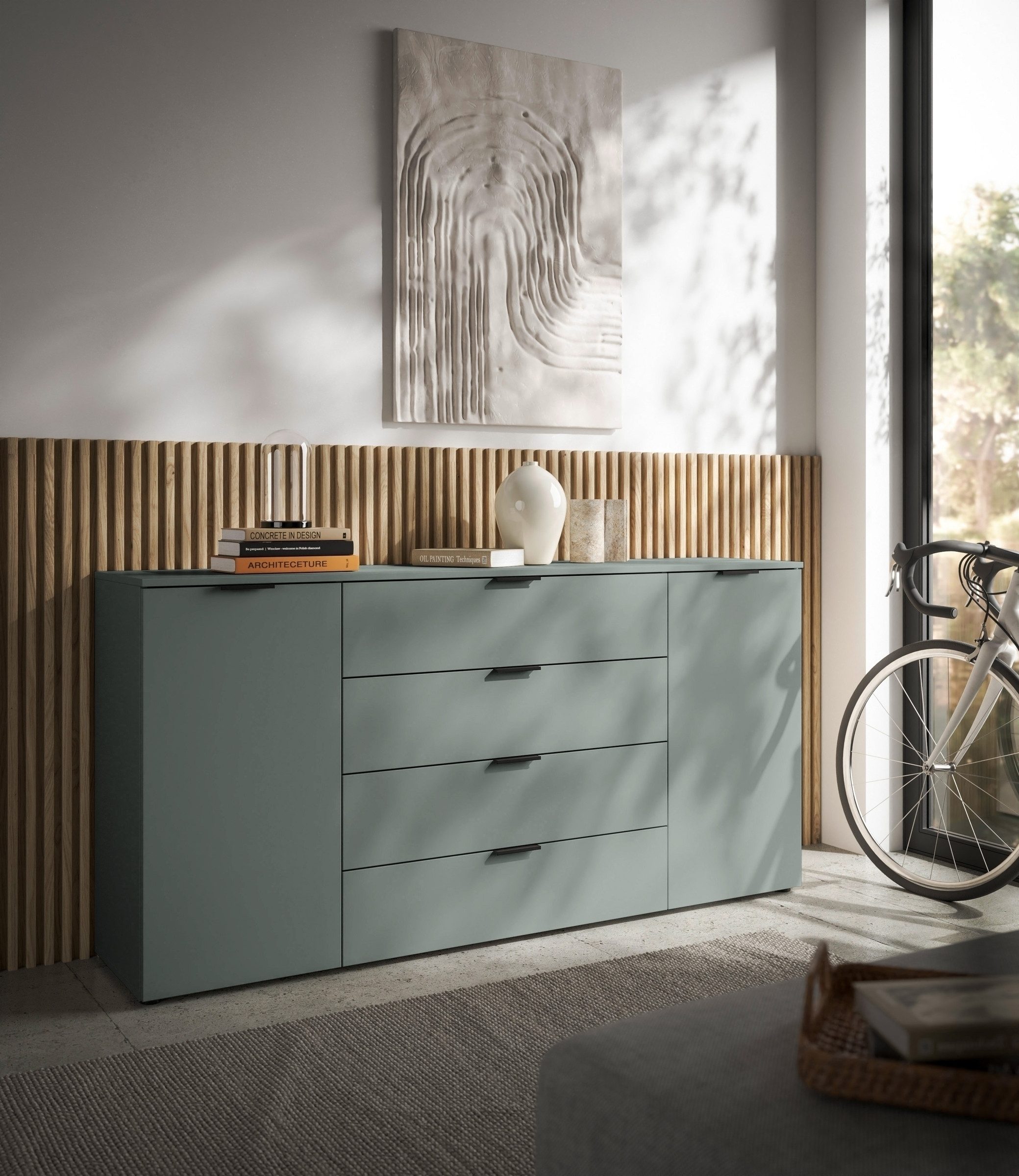 PREISBRECHER Sideboard Linz, 2 Türen, 4 Schübe, in Salbei - 180x90x40cm (BxHxT)