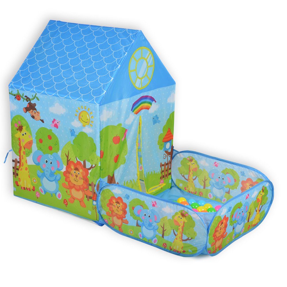 Moni Spielzelt 2 in 1 Kinderspielzelt Zoo 995-5001E, Bällebad, 50 Spielbälle, Stofftüren