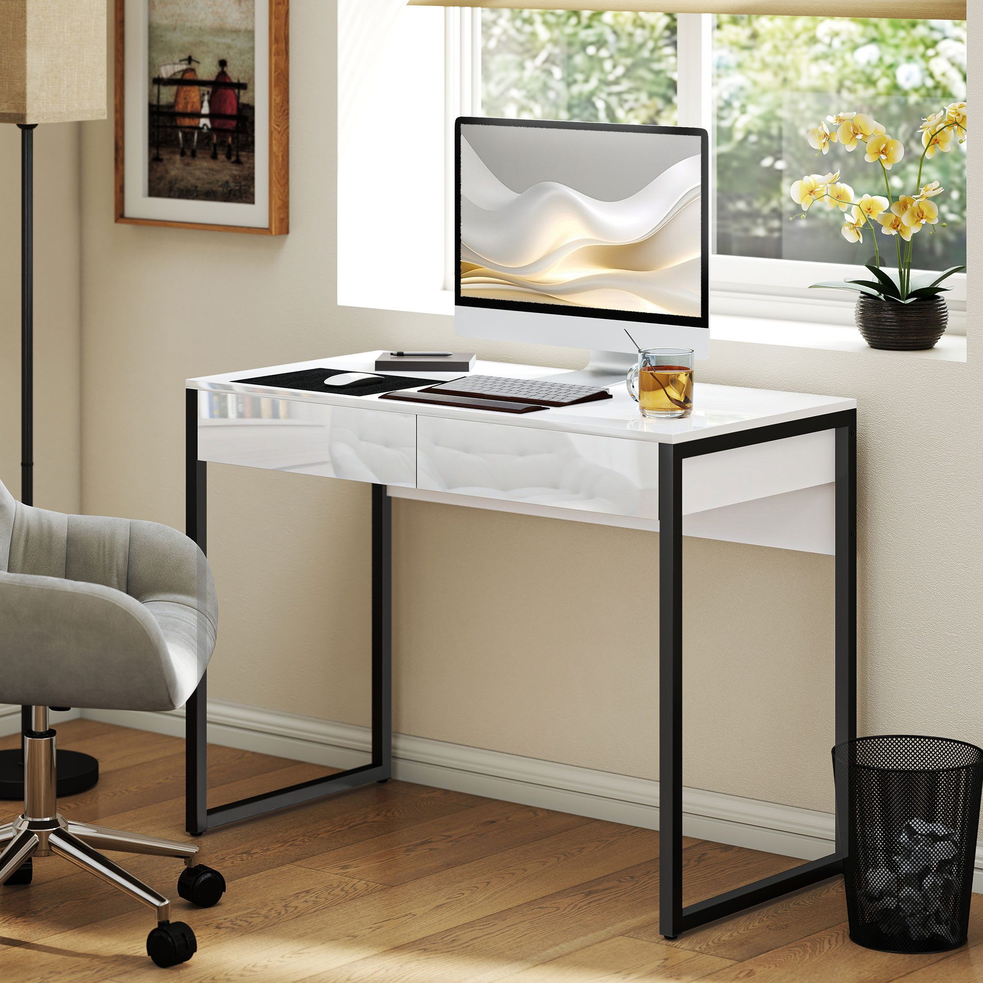 HOMCOM Schreibtisch Computertisch für kleine Räume (Set, 1-St., 1 Tisch), Hochglanz, 2 Schubladen, Anti-Kipp von HOMCOM