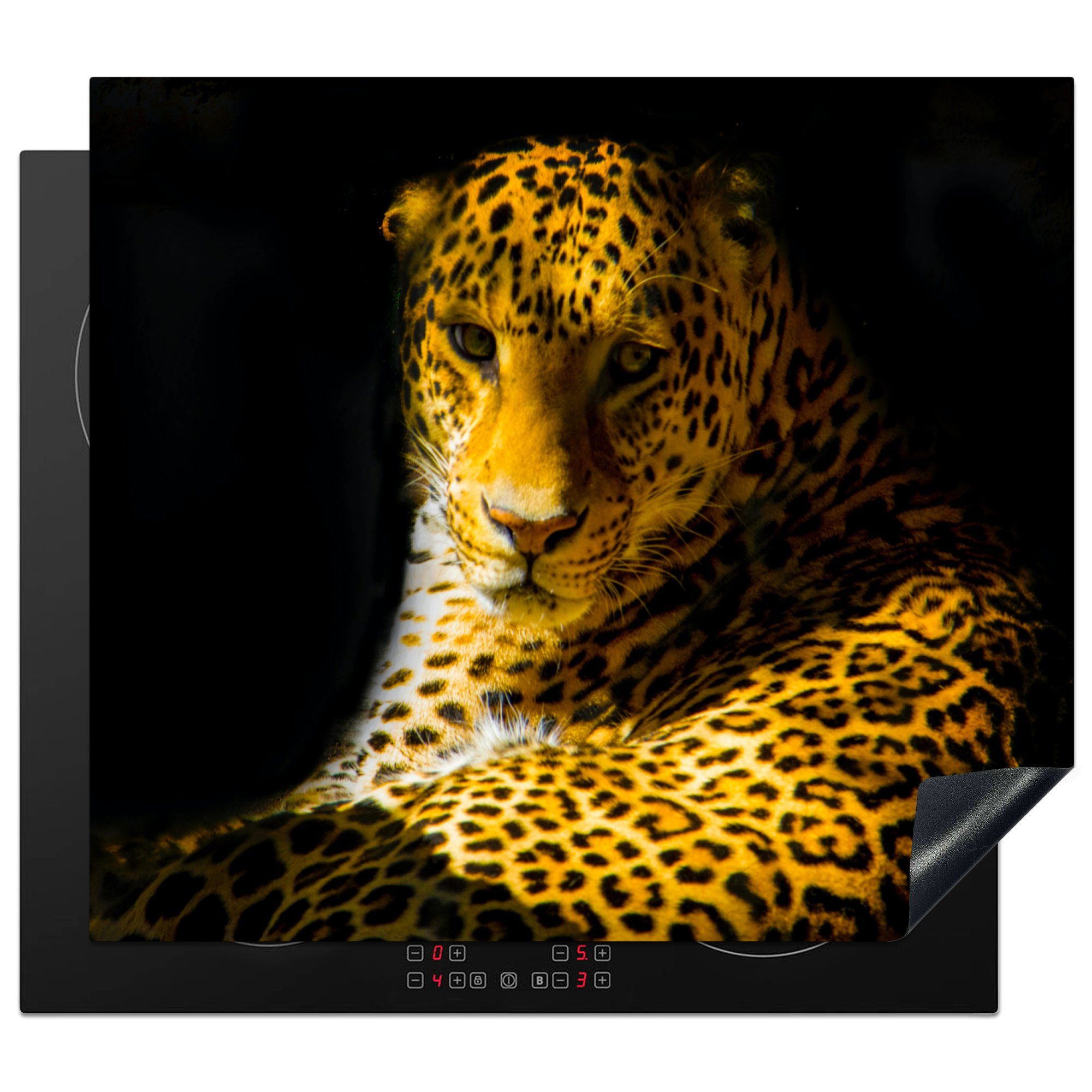MuchoWow Herdblende-/Abdeckplatte Leopard - Gold - Tiere - Porträt - Schwarz, Vinyl, (1 tlg), 60x52 cm, Mobile Arbeitsfläche nutzbar, Ceranfeldabdeckung