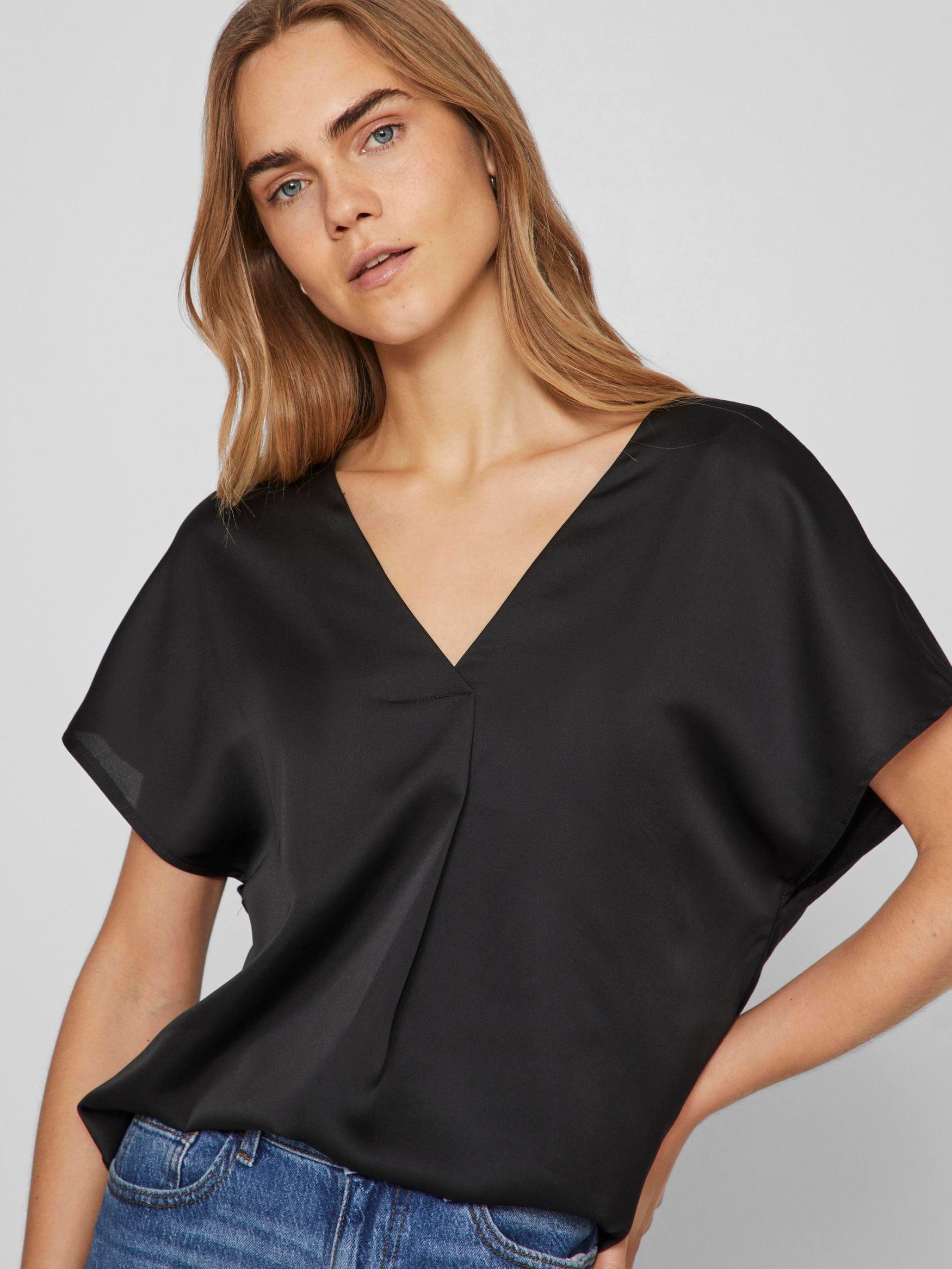 Vila Blusenshirt Satin Blusen Glänzendes Kurzarm Oberteil VIELLETTE V-NECK S/S SATIN TOP - NOOS