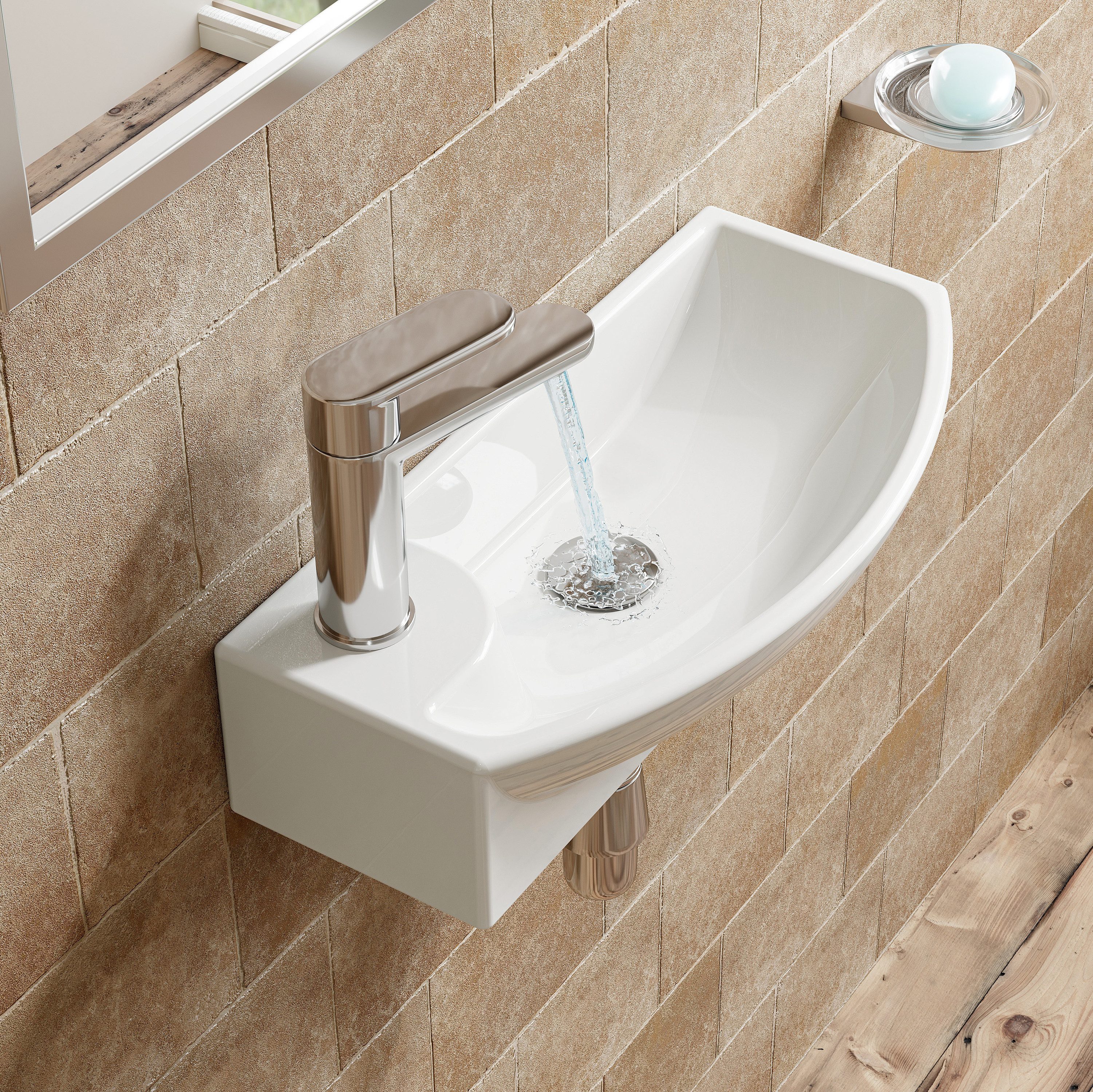 HOROW Waschbecken Aufsatzwaschbecken Oval Rund Waschtisch Wandmontage Glänzend weiß (für Badezimmer Gäste-WC , 590 × 410 × 145 mm, mit Hahnloch und Überlauf)