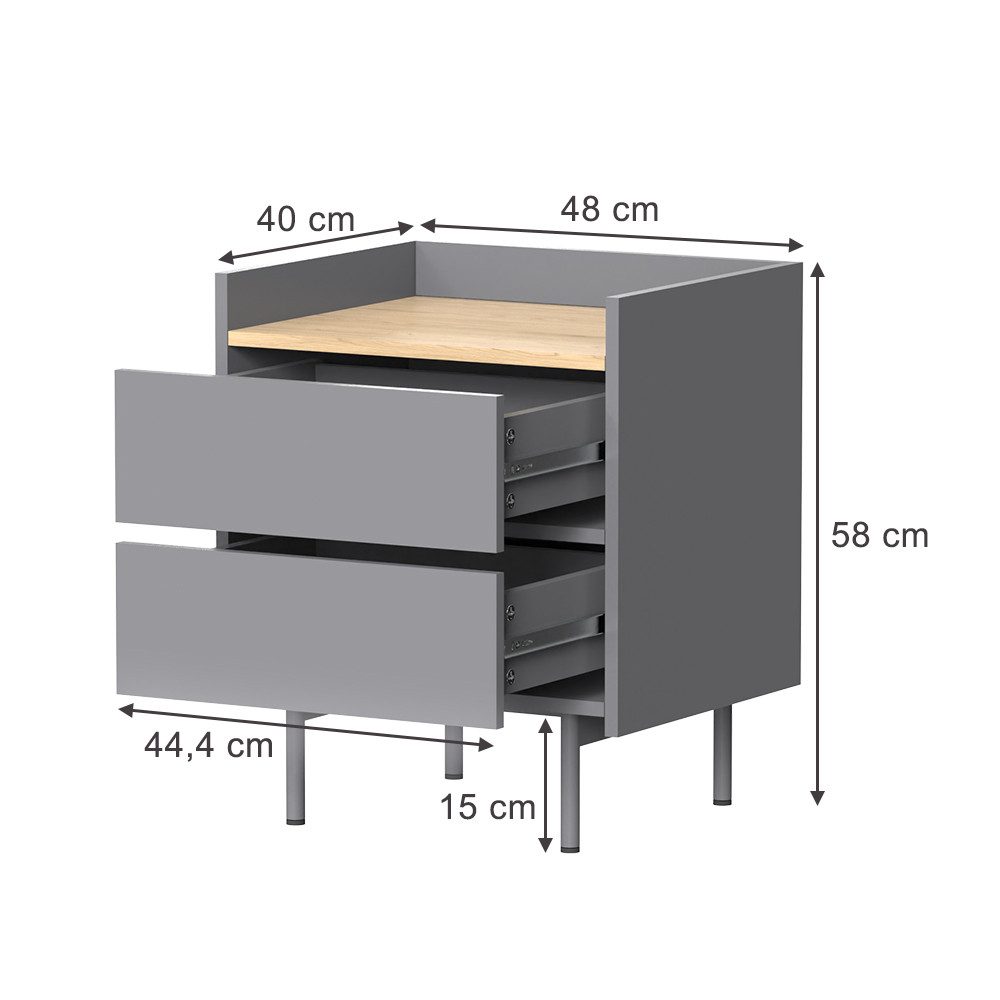 Vicco Nachtschrank Velina, Grau/Eiche, 48 x 58 cm mit 2 Schubladen (1-St)