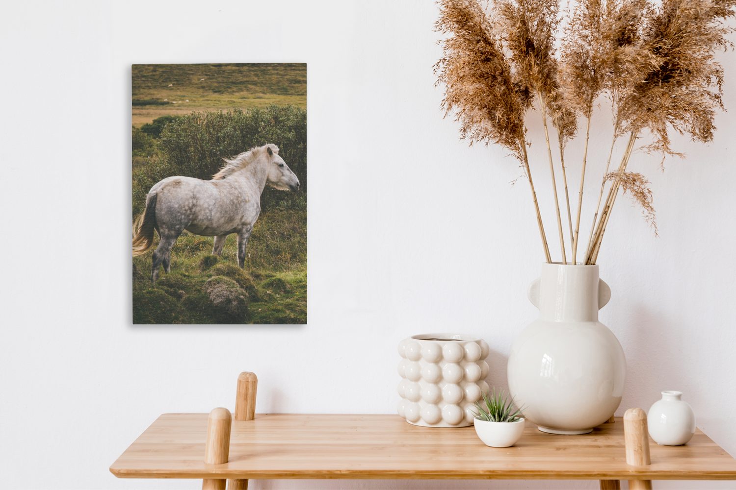 Weiß, - Leinwandbild inkl. cm - (1 Zackenaufhänger, 20x30 Pferd Gras fertig bespannt St), Gemälde, OneMillionCanvasses® Leinwandbild