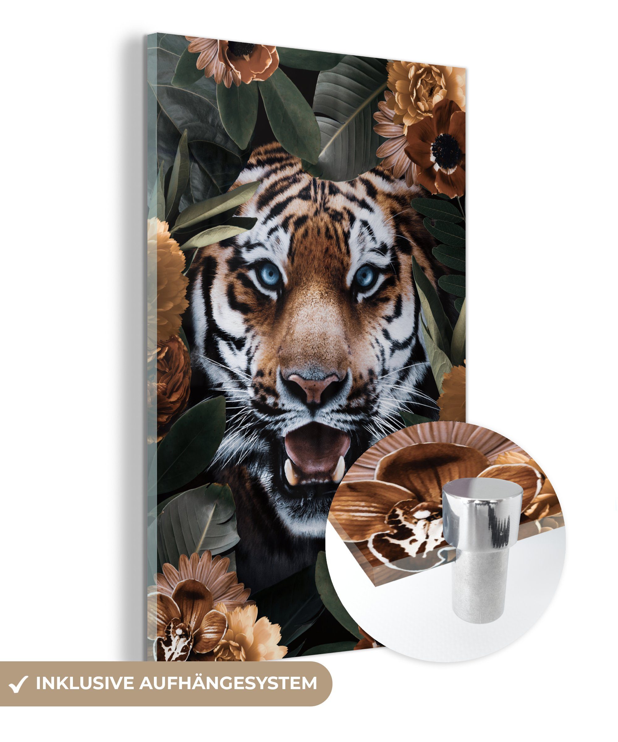 MuchoWow Acrylglasbild Tiger - Brüllen - Blume, (1 St), Glasbilder - Bilder auf Glas Wandbild - Foto auf Glas - Wanddekoration bunt