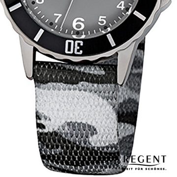 Regent Quarzuhr Regent Kinder-Armbanduhr grau schwarz, (Analoguhr), Kinder Armbanduhr rund, mittel (ca. 32mm), Textilarmband