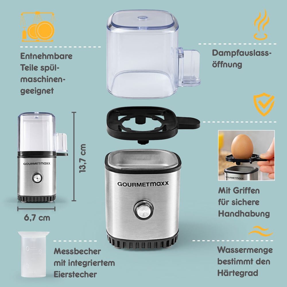 GOURMETmaxx Eierkocher GOURMETmaxx Design-Eierkocher für 1 Frühstücksei, 70 W, für perfekte Frühstückseier, mit Messbecher & Ei-Stecher