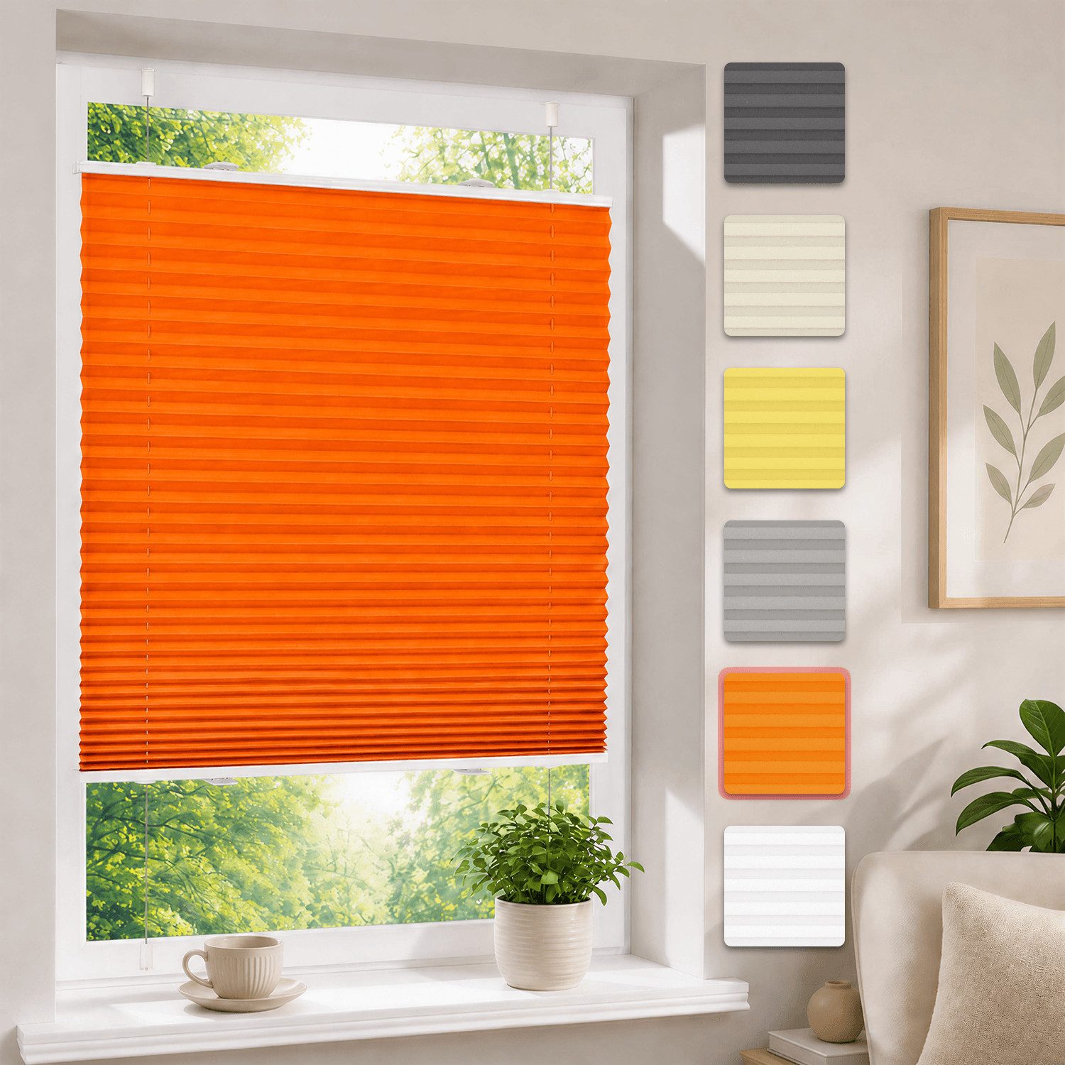 OUBO Plissee Faltrollo Ohne Bohren, Lichtschutz, Klemmträger,Easyfix, Lichtschutz, verspannt, Klemmfix, Jalousie für Fenster & Tür