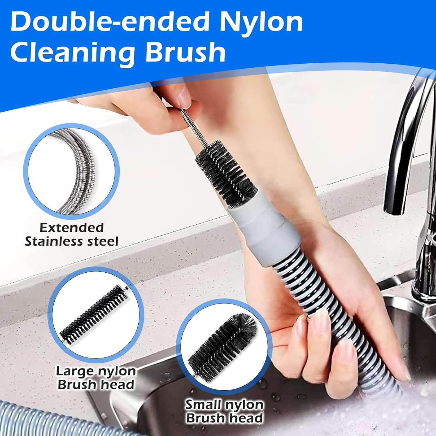 FELIXLEO BH-Einlagen Abflussreiniger Doppelkopf Edelstahl Rohrreinigungsbürste flexibel. (1 Paar)