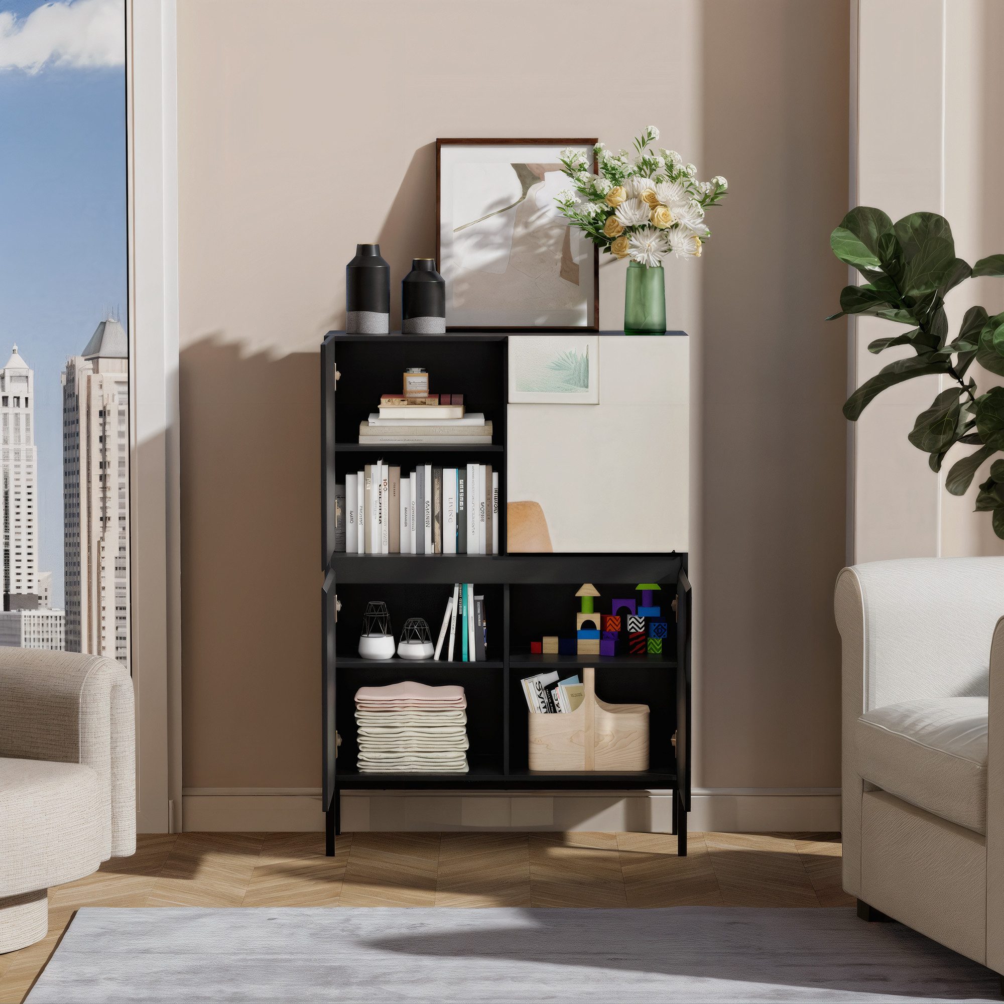 UEV Spiegelschrank mit 4 Türen (Badezimmerschrank, Spiegelschrank, Wohnzimmerschrank, Schlafzimmerschrank) 80 x 30,5 x 115,5cm für Wohnzimmer Schlafzimmer Flur