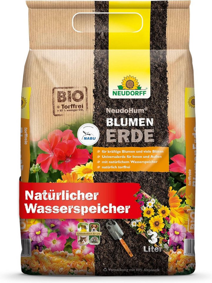 Neudorff Blumenerde NeudoHum Bio BlumenErde 3 Liter, mit Organische Grunddüngung, (Einzelartikel, Optimiert den Wasser- & Lufthaushalt), Speichert Wasser und Nährstoffe, vorgedüngt bis zu 4 Wochen