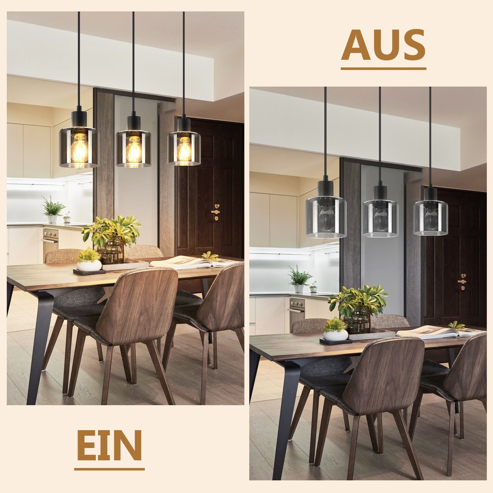 Nettlife Pendelleuchte Schwarz Vintage E27 Glas Esstisch 1/3 Flammig Wohnzimmer Hängelampe, Höhenverstellbar, LED wechselbar, Esszimmer Hotel Büro – Bild 5 von 5