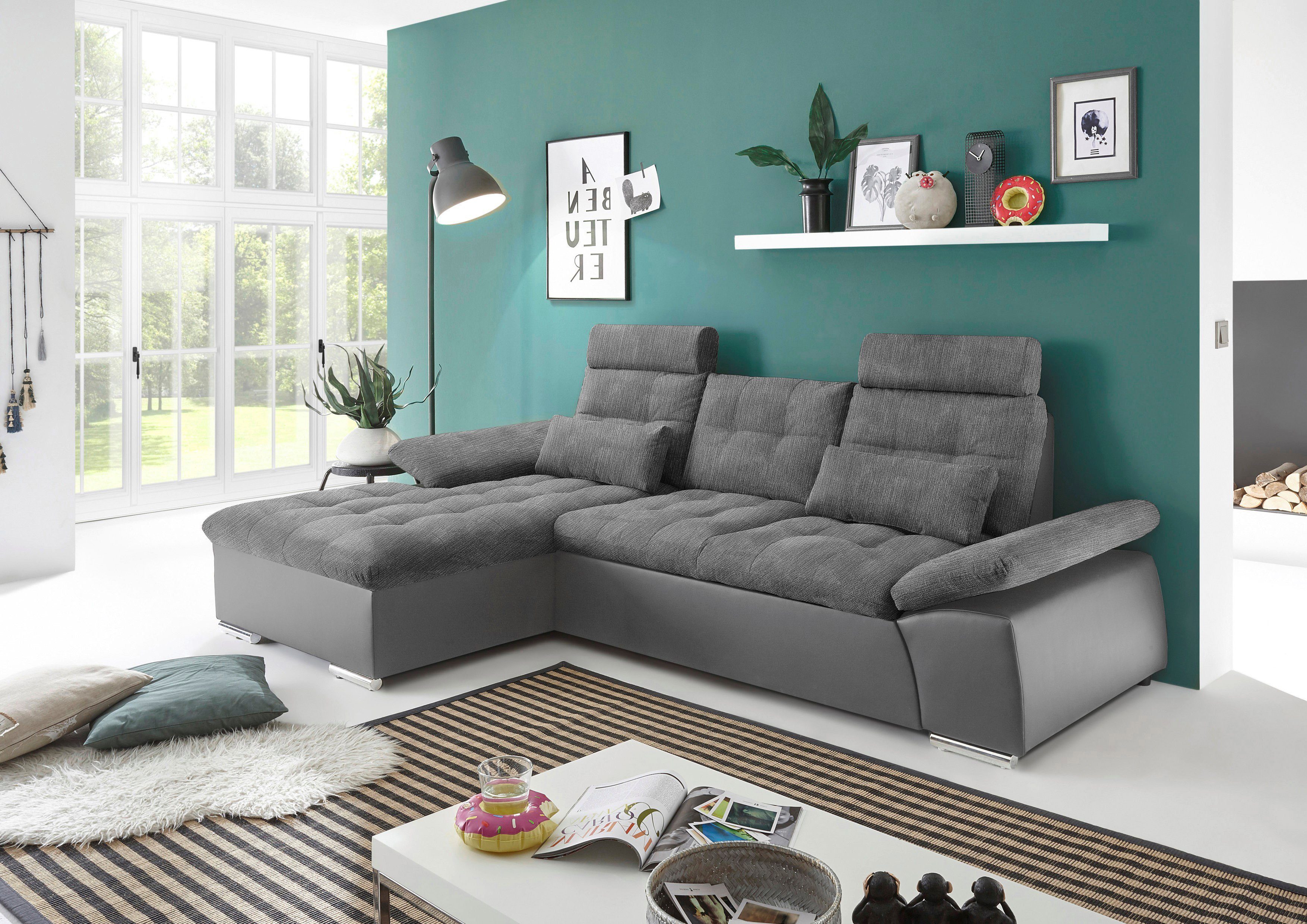 ED EXCITING DESIGN Ecksofa Jakarta L-Form, mit Bettfunktion, Armteilverstellung, Kopfstützen & 2 Nierenkissen