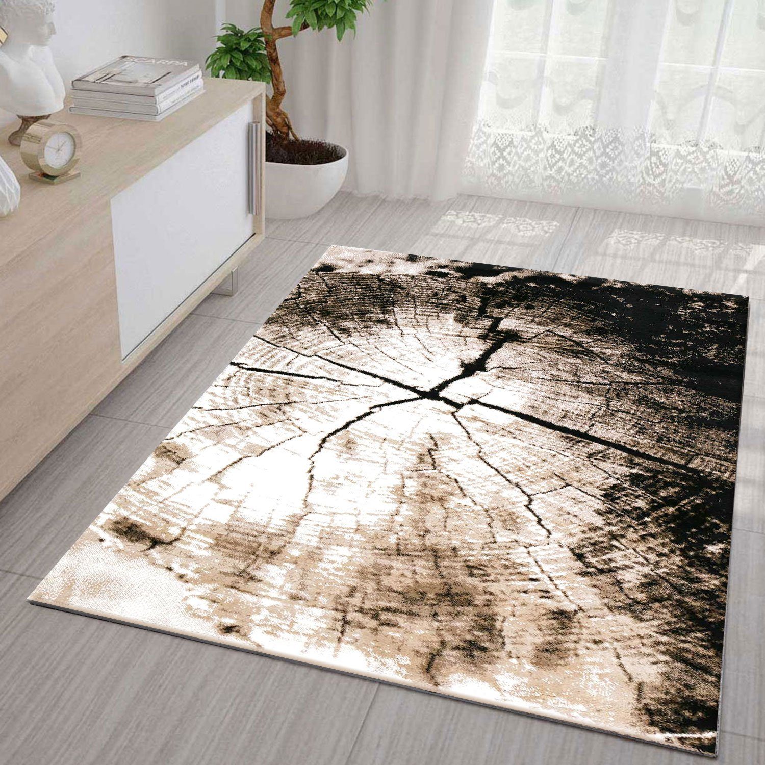 Vimoda Teppich Wohnzimmer Beige mit Baumstumpf Holz Optik dicht, Rechteckig, Höhe: 11 mm, Moderner Wohnzimmer Lounge Läufer Braun