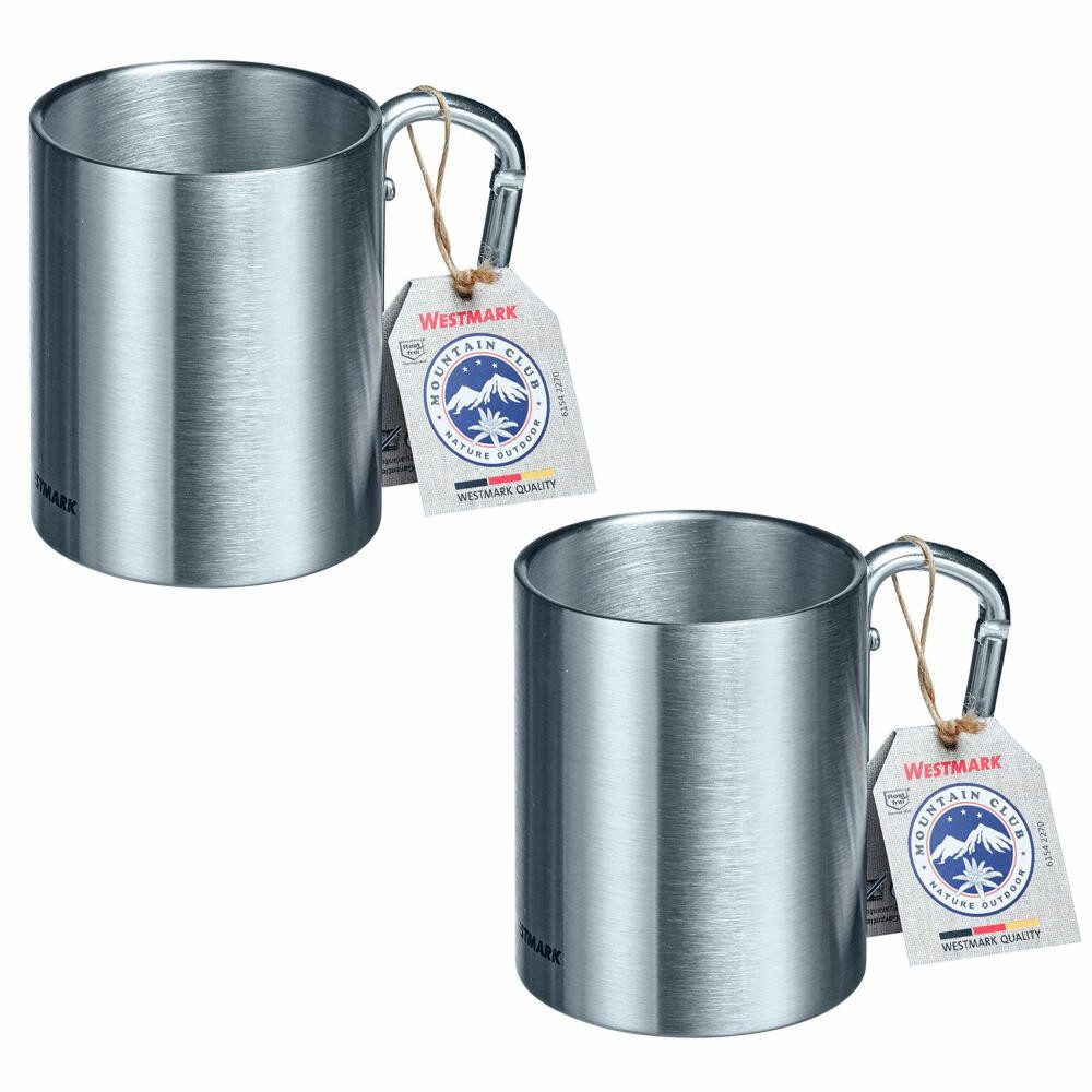 WESTMARK Becher / 2 Edelstahl-Tassen mit Karabiner-Henkel für unterwegs, 300 ml, Rostfreier Edelstahl, Aluminium